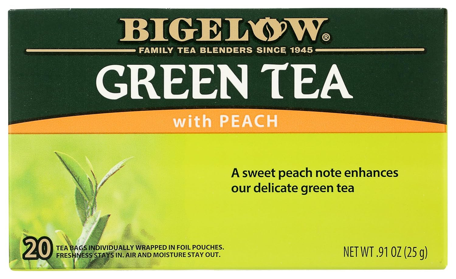 Refreshing Green Tea with Peach - Caffeinated Blend, 20 Count Box (Pack of 6) - 120 Total Tea Bags for a Flavorful Boost!