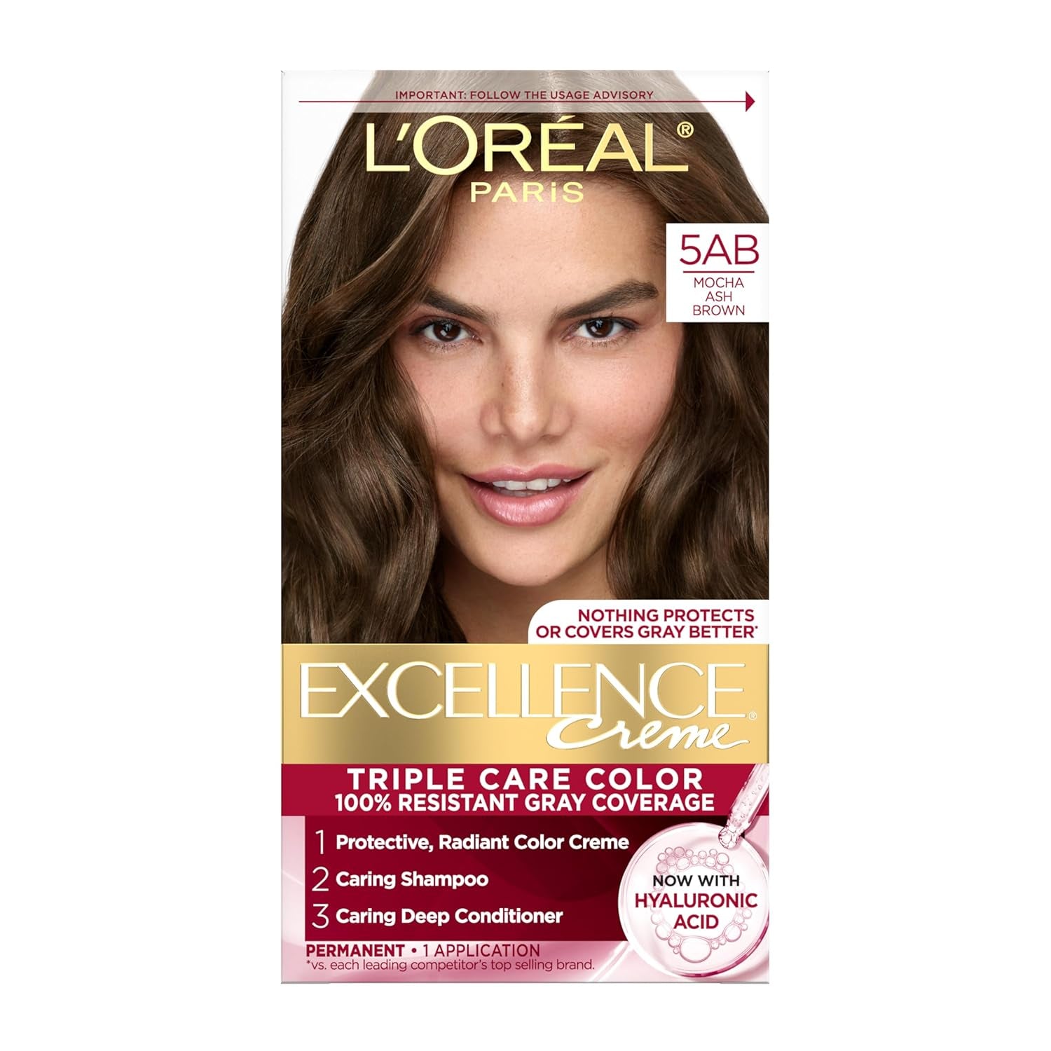 Excellence Crème Permanent Hair Dye - 5 Medium Brown, Triple Care Formula with Hyaluronic Acid for 100% Gray Coverage, 1 Kit (Packaging May Vary)