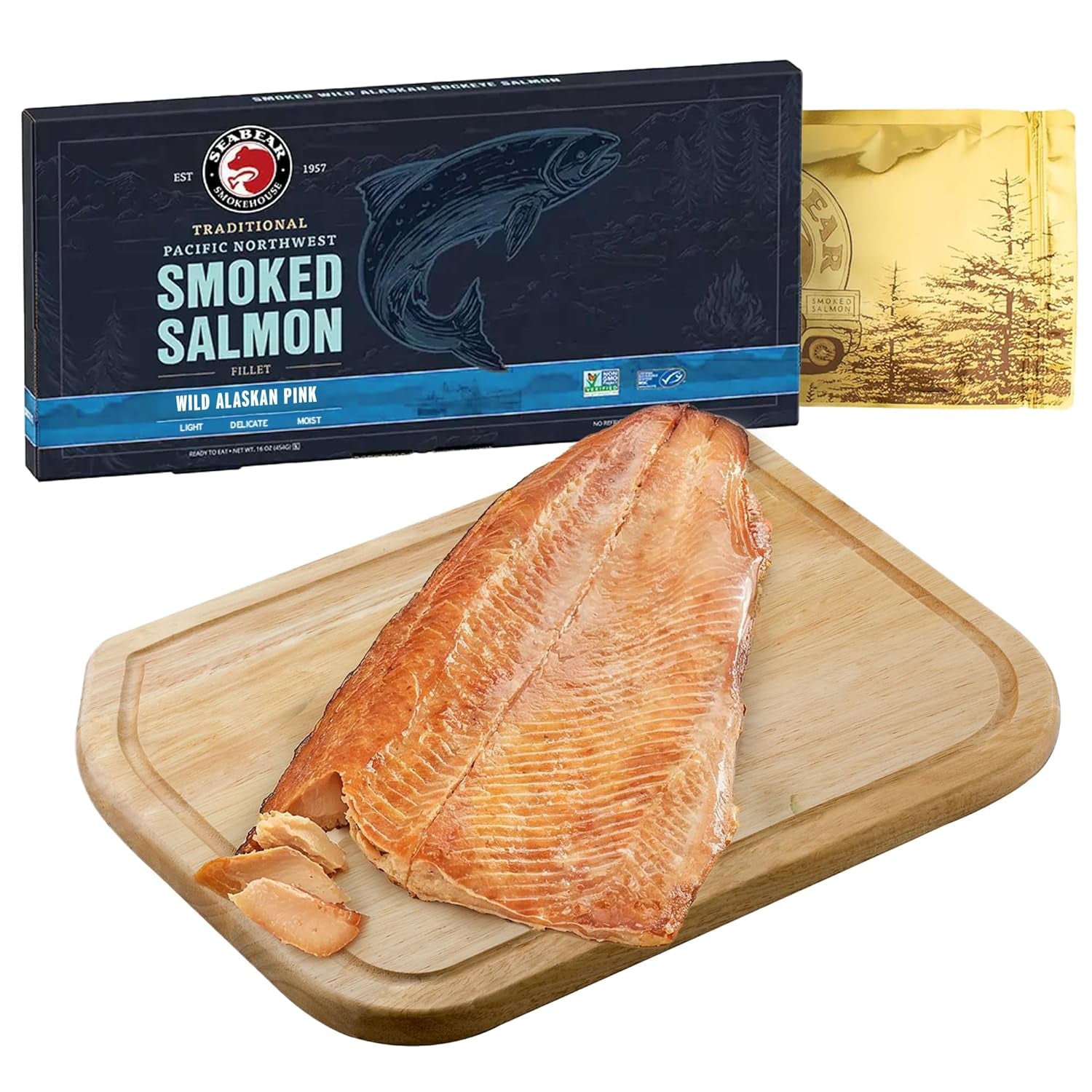 Gourmet Smoked Salmon Trio Gift Box - 18oz of Wild Alaska Sockeye, Pink & Coho Fillets - Ready to Eat, Shelf Stable Delicacy