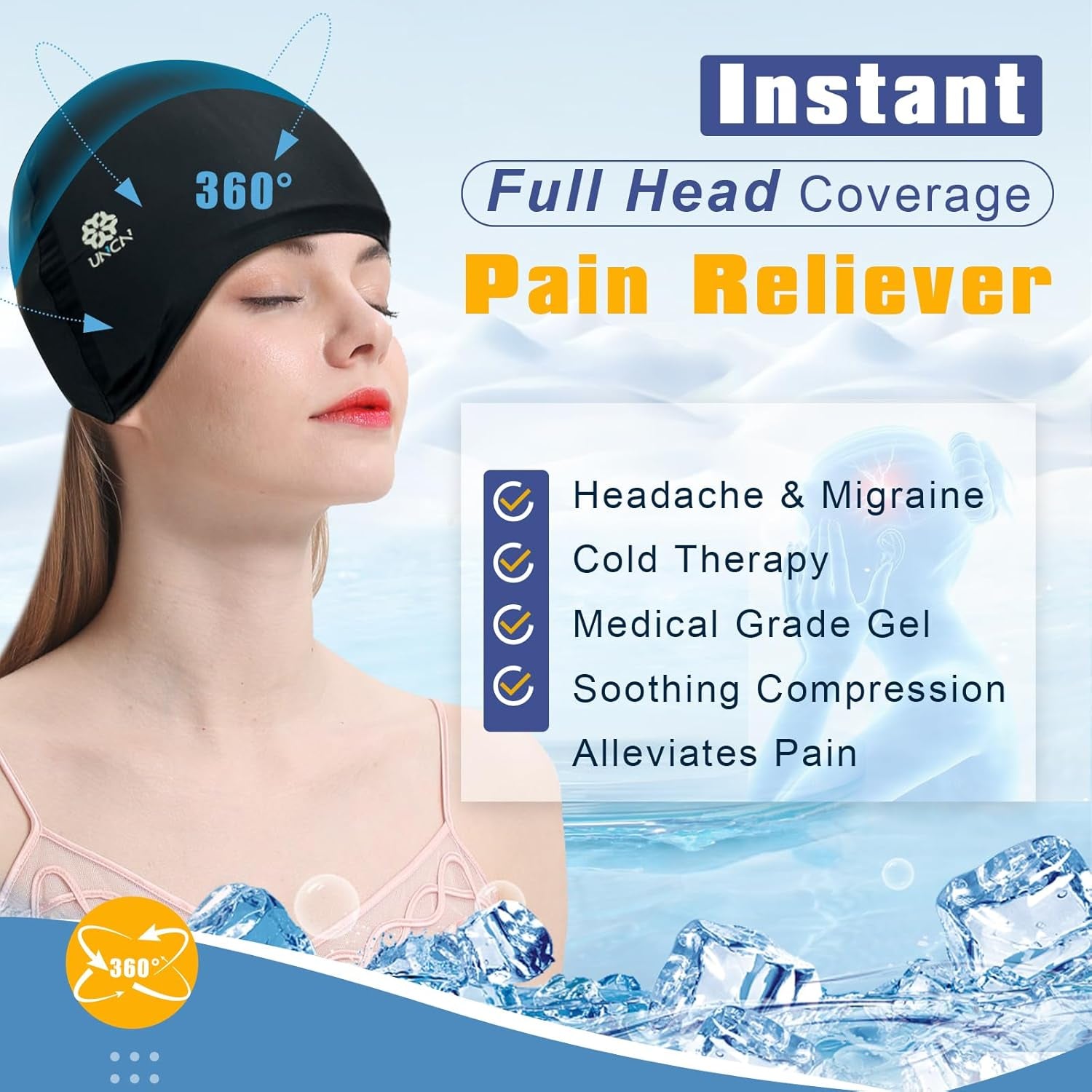 Ultimate Migraine Relief Hat - Reusable Ice Cooling Cap for Stress, Tension & Sinus Pain Relief