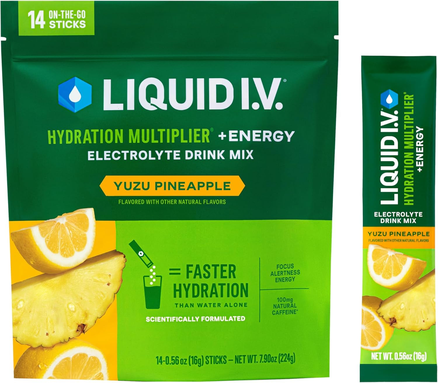 Liquid I.V.® Hydration Multiplier + Energy - Yuzu Pineapple Flavor | Electrolyte Powder Drink Mix | 14 Servings for Ultimate Hydration and Energy Boost