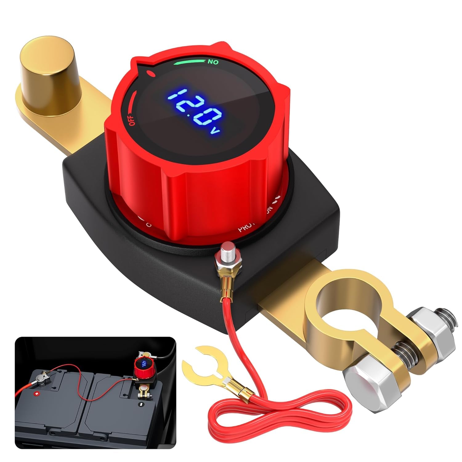 Premium Waterproof Side Post Battery Disconnect Switch with LED Voltmeter Display - Ideal for 12V-48V Cars, RVs, Boats, ATVs, and UTVs