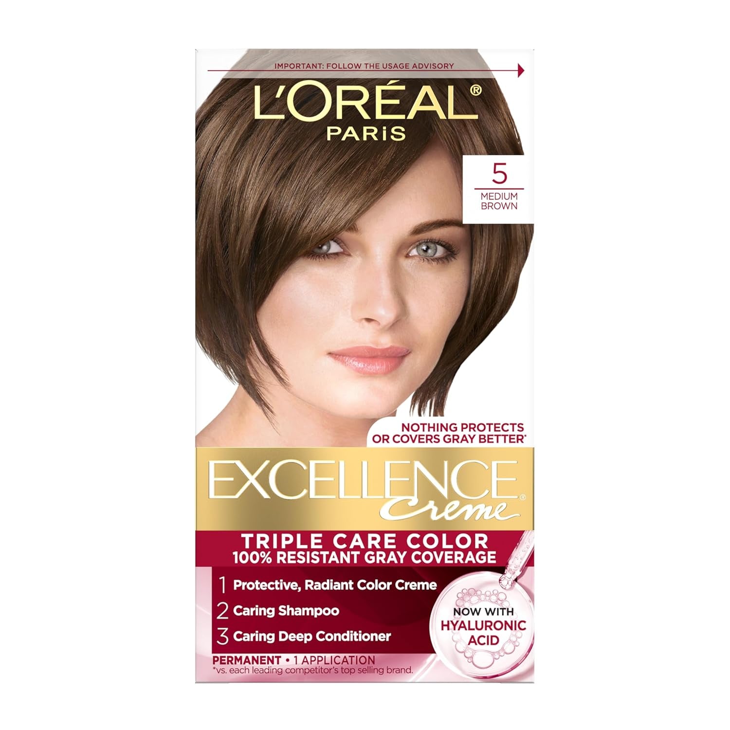 Excellence Crème Permanent Hair Dye - 5 Medium Brown, Triple Care Formula with Hyaluronic Acid for 100% Gray Coverage, 1 Kit (Packaging May Vary)