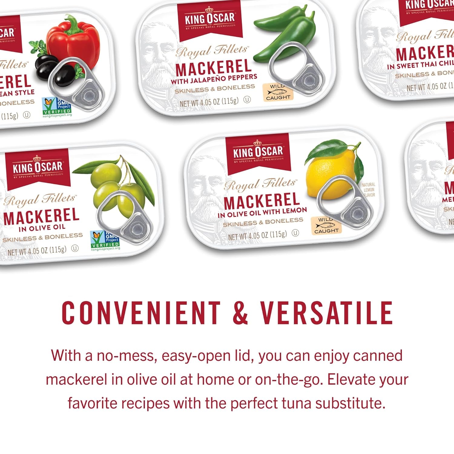 Wild Caught Skinless & Boneless Mackerel in Olive Oil - 4.05 oz Can (Pack of 6) - Delicious and Convenient Seafood Delight!