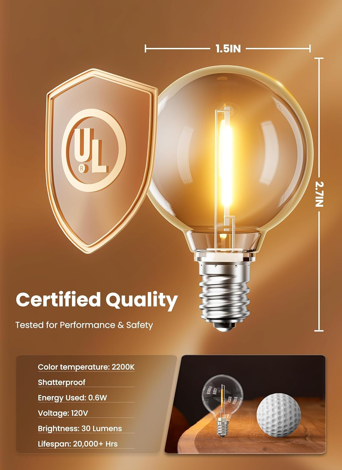 25 Pack G40 LED Replacement Bulbs - E12 Base, 2200K Warm White, Shatterproof & Waterproof Dimmable Globe Bulbs for Indoor/Outdoor Lighting
