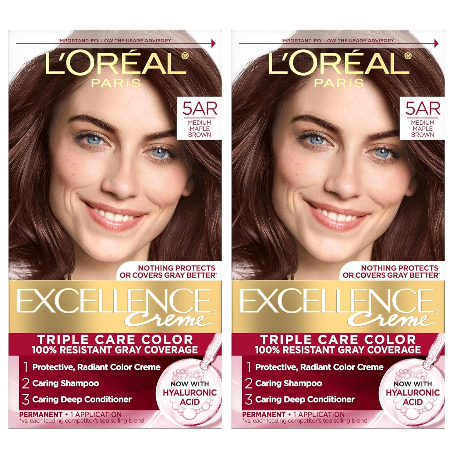 Excellence Crème Permanent Hair Dye - 5 Medium Brown, Triple Care Formula with Hyaluronic Acid for 100% Gray Coverage, 1 Kit (Packaging May Vary)