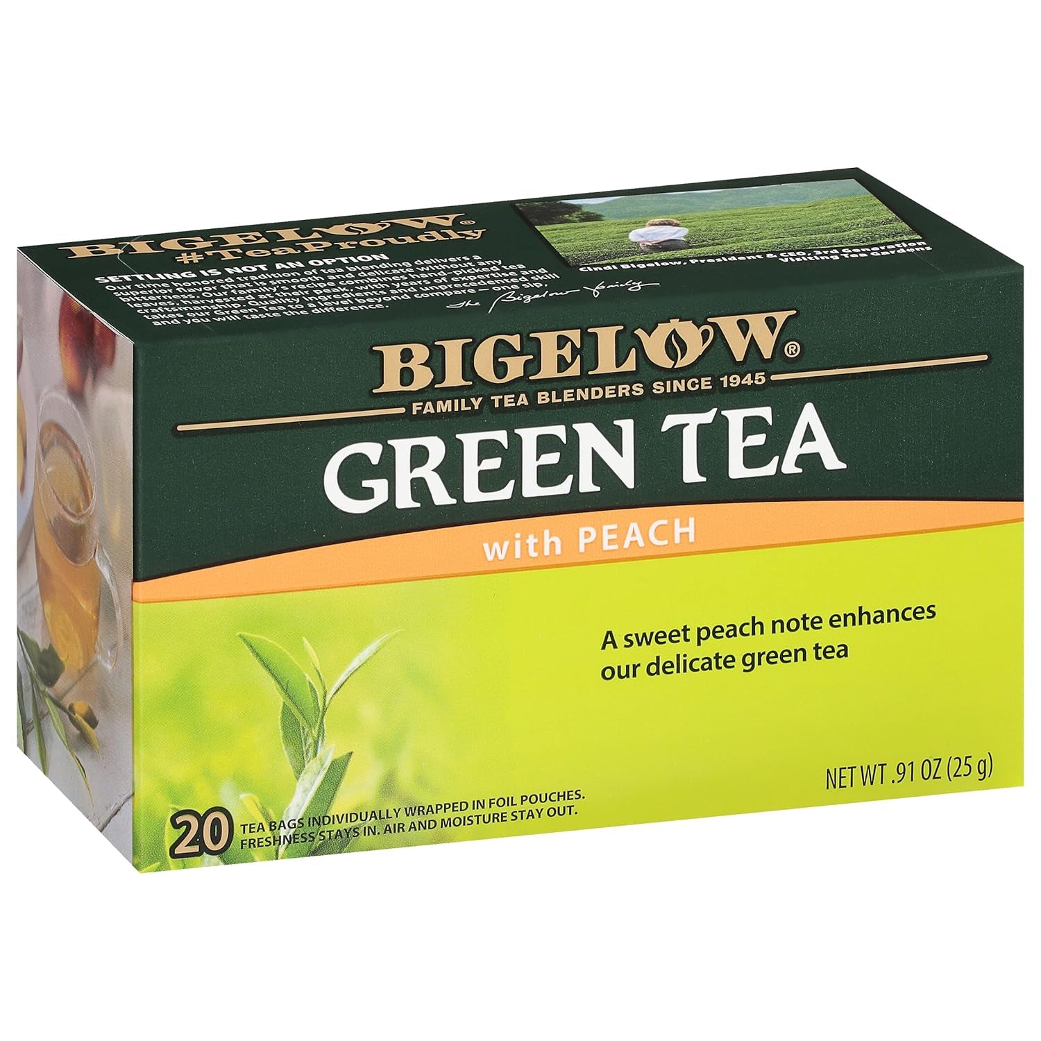 Refreshing Green Tea with Peach - Caffeinated Blend, 20 Count Box (Pack of 6) - 120 Total Tea Bags for a Flavorful Boost!