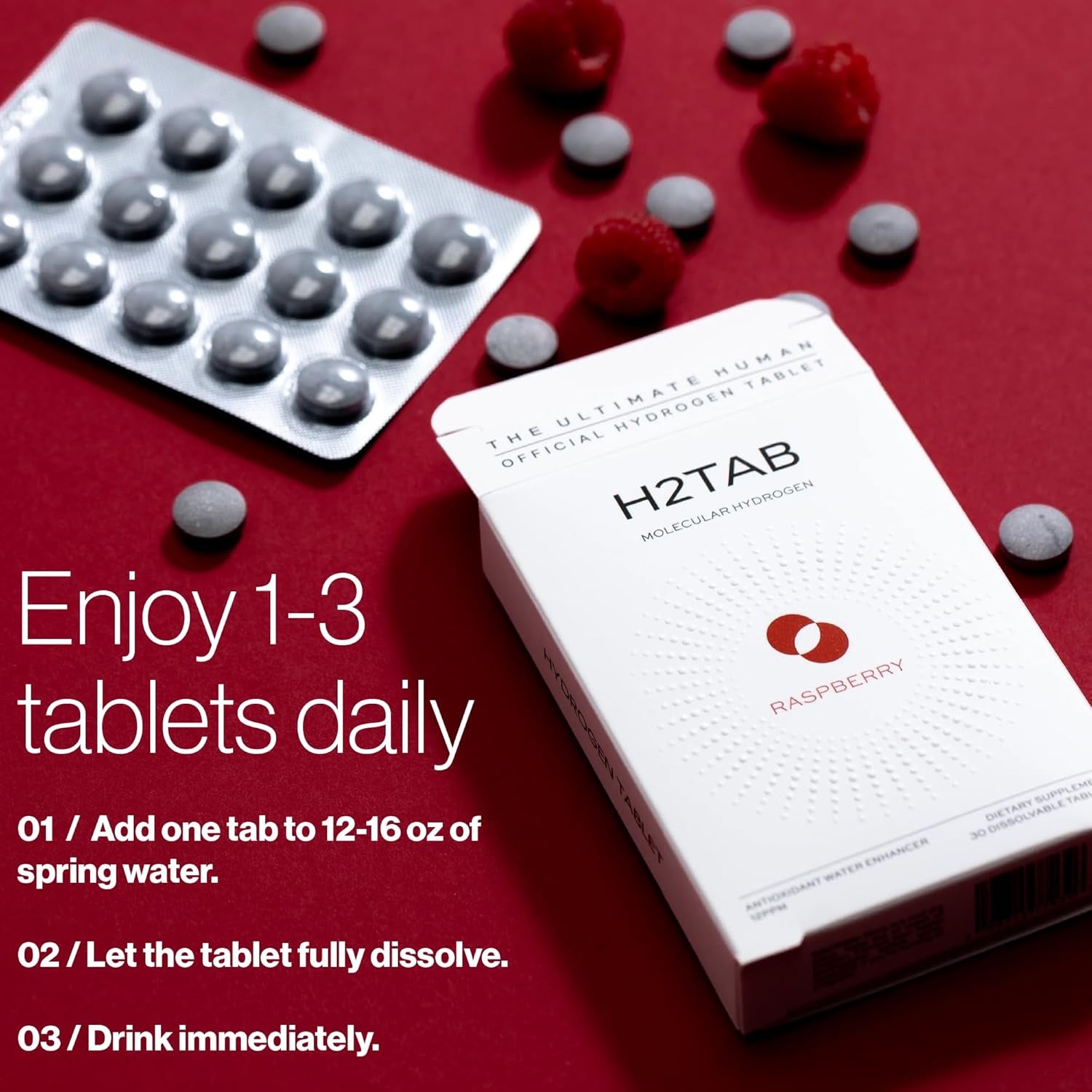 Hydrogen Water Tablets with Magnesium - 12 PPM Antioxidant-Rich Raspberry Flavor for Enhanced Cellular Health, Recovery & Cognitive Function (30 Count)