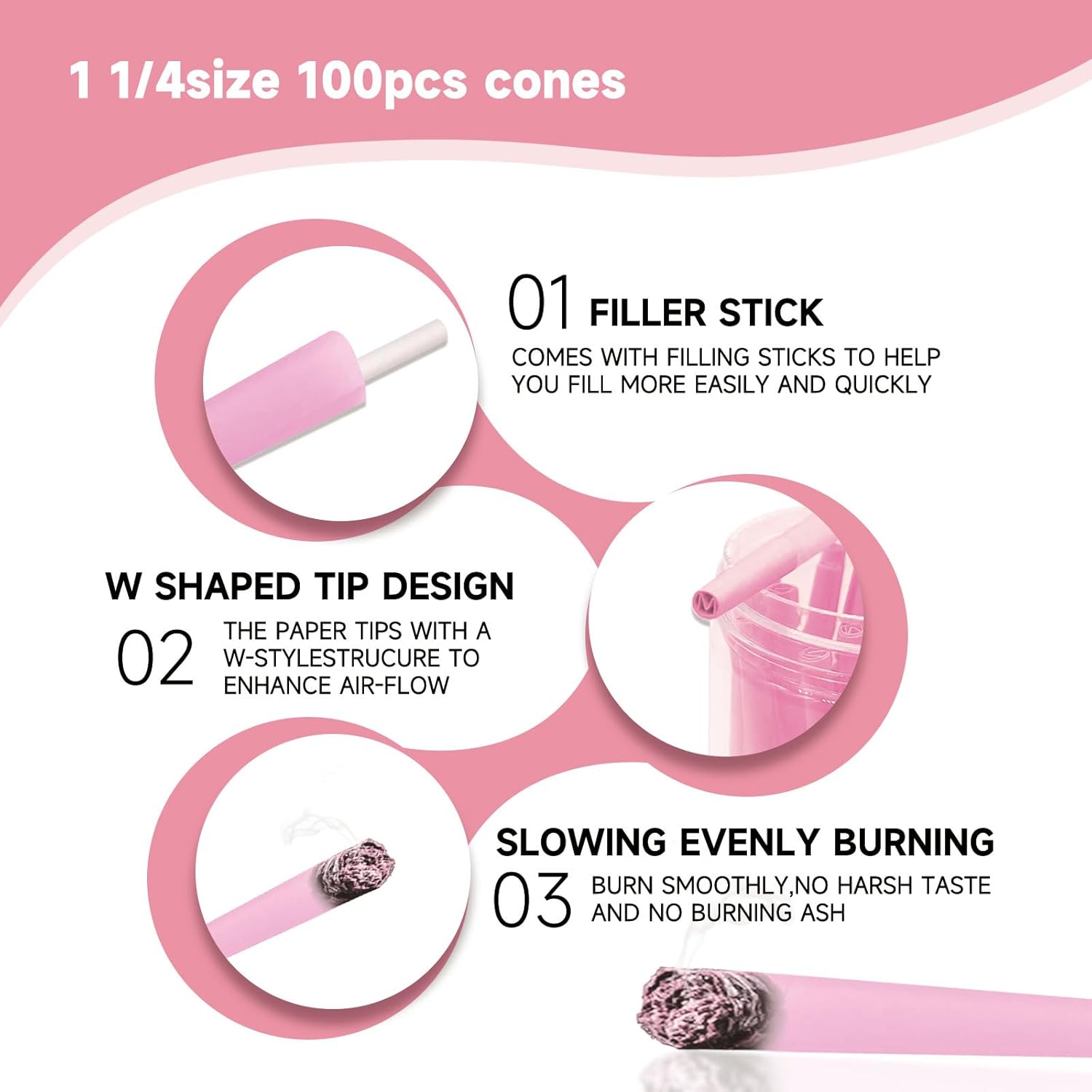 King Size Pink Pre Rolled Cones - 100 Pack with Loader & Packing Sticks - Perfect for Smooth Rolling!