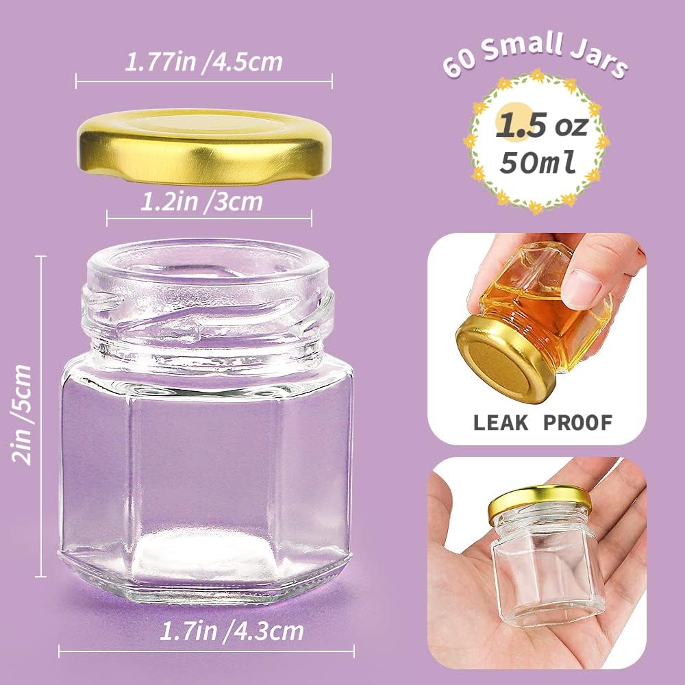 60 Pcs Mini Hexagon Glass Jars with Airtight Lids - Perfect for Wedding Favors, Baby Showers, DIY Candles, Body Butters, Jams, Spices, and Gifts!