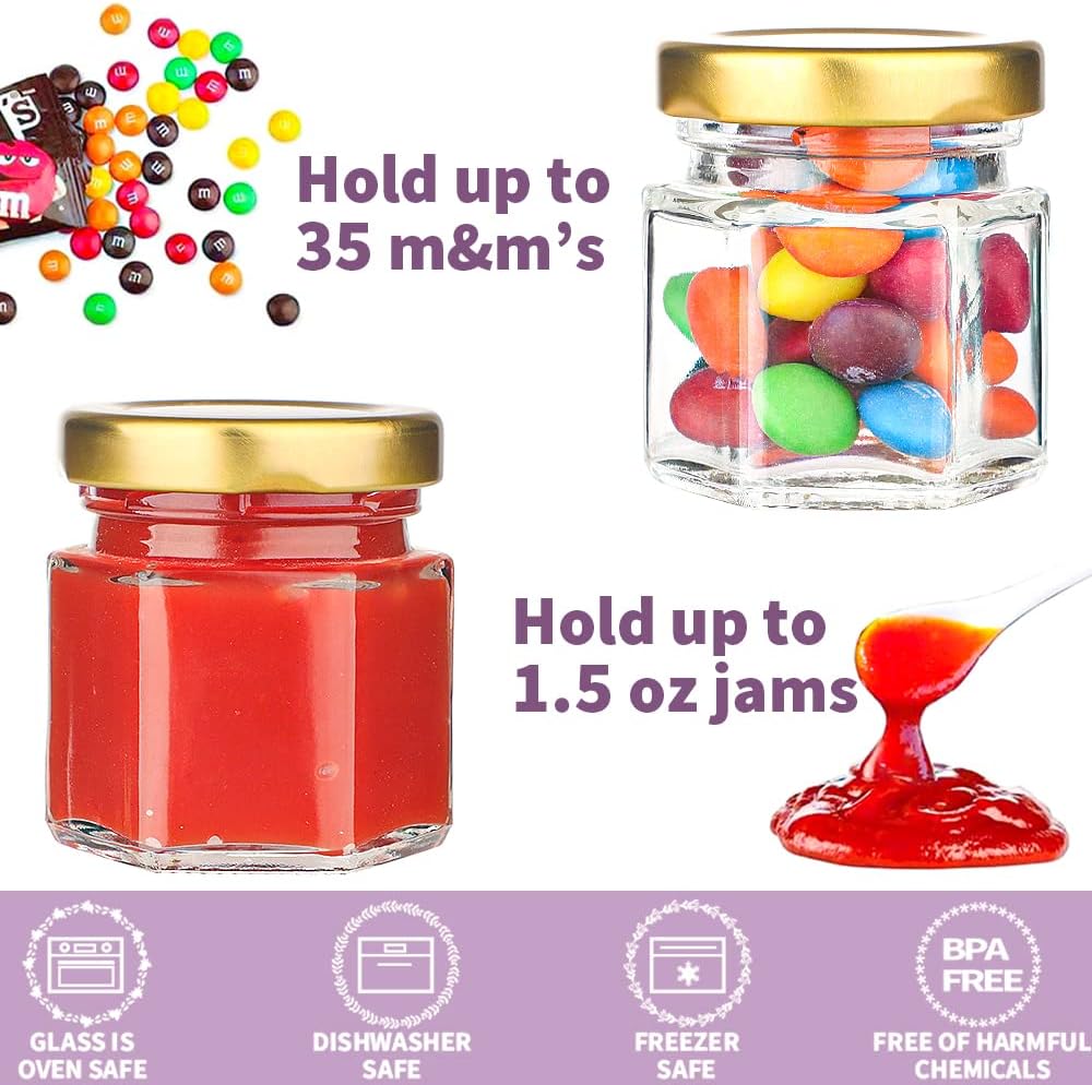 60 Pcs Mini Hexagon Glass Jars with Airtight Lids - Perfect for Wedding Favors, Baby Showers, DIY Candles, Body Butters, Jams, Spices, and Gifts!