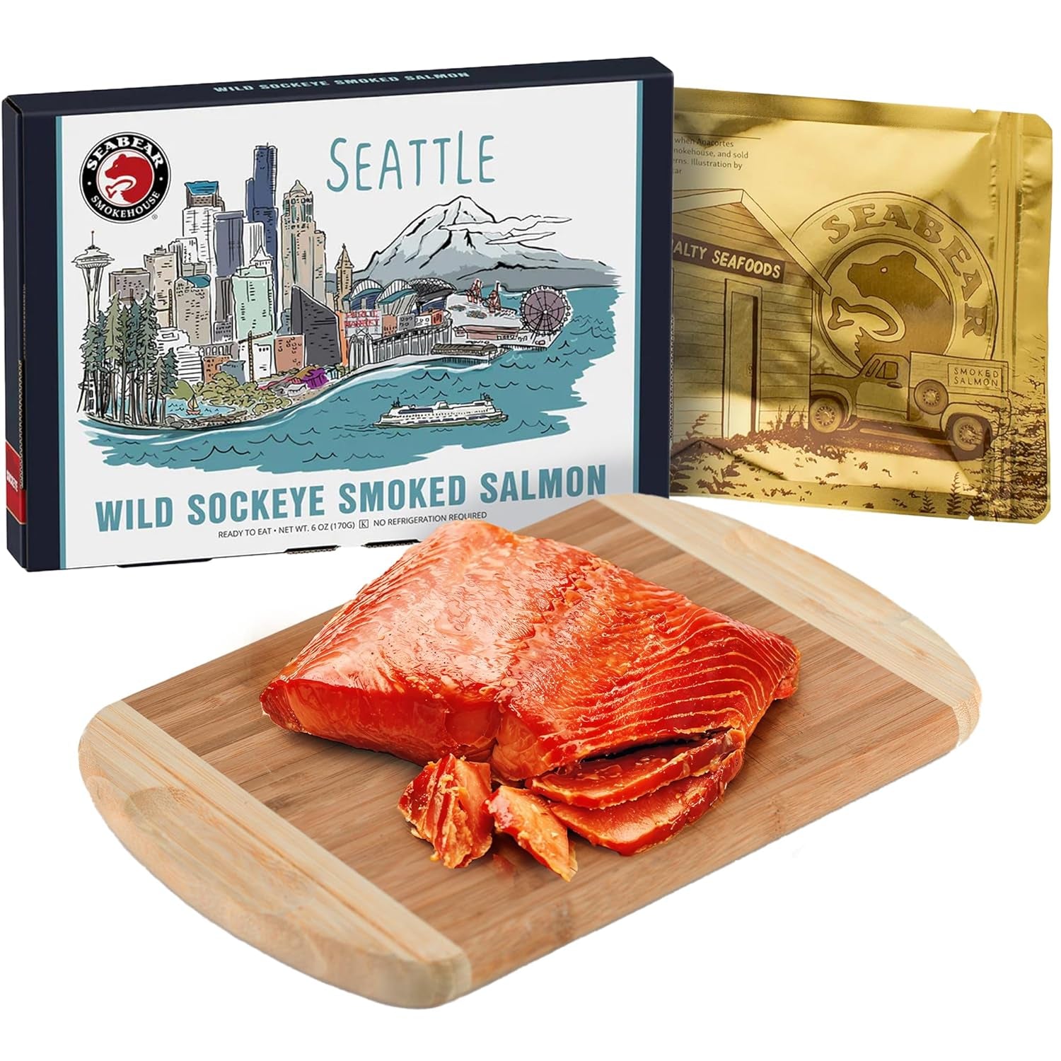 Gourmet Smoked Salmon Trio Gift Box - 18oz of Wild Alaska Sockeye, Pink & Coho Fillets - Ready to Eat, Shelf Stable Delicacy