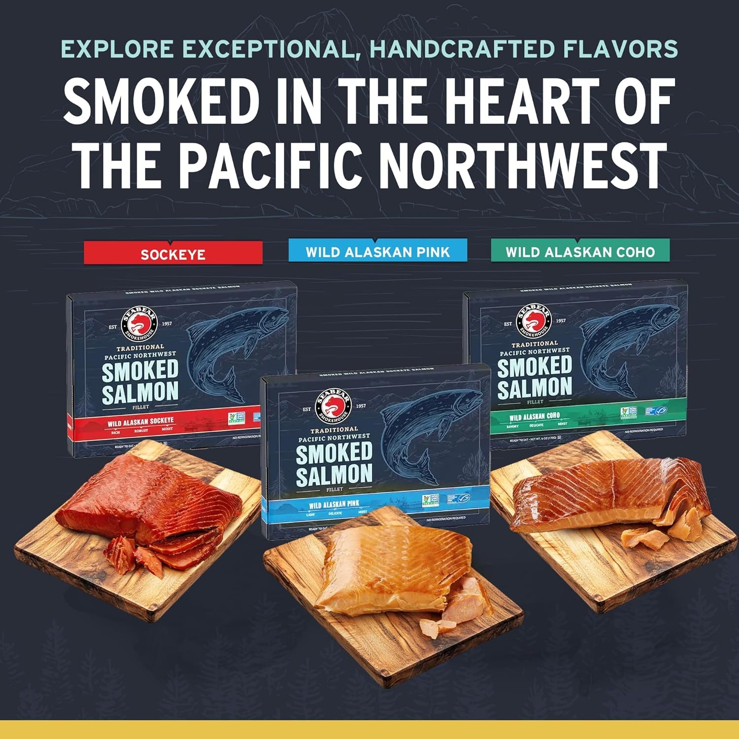 Gourmet Smoked Salmon Trio Gift Box - 18oz of Wild Alaska Sockeye, Pink & Coho Fillets - Ready to Eat, Shelf Stable Delicacy