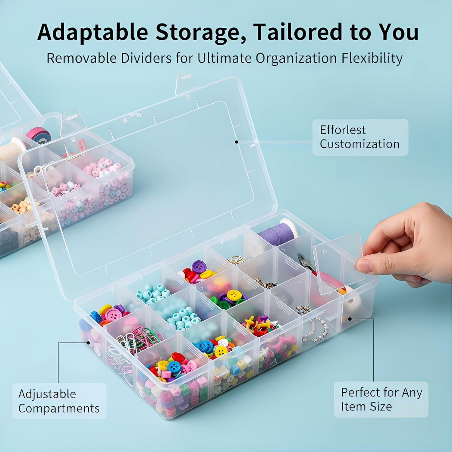 2 Pack Clear Plastic Organizer Boxes with Adjustable Dividers - Perfect for Jewelry, Beads, Screws, Tackle, Washi Tapes & More!