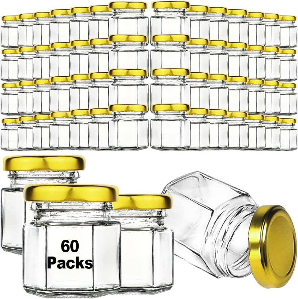 60 Pcs Mini Hexagon Glass Jars with Airtight Lids - Perfect for Wedding Favors, Baby Showers, DIY Candles, Body Butters, Jams, Spices, and Gifts!