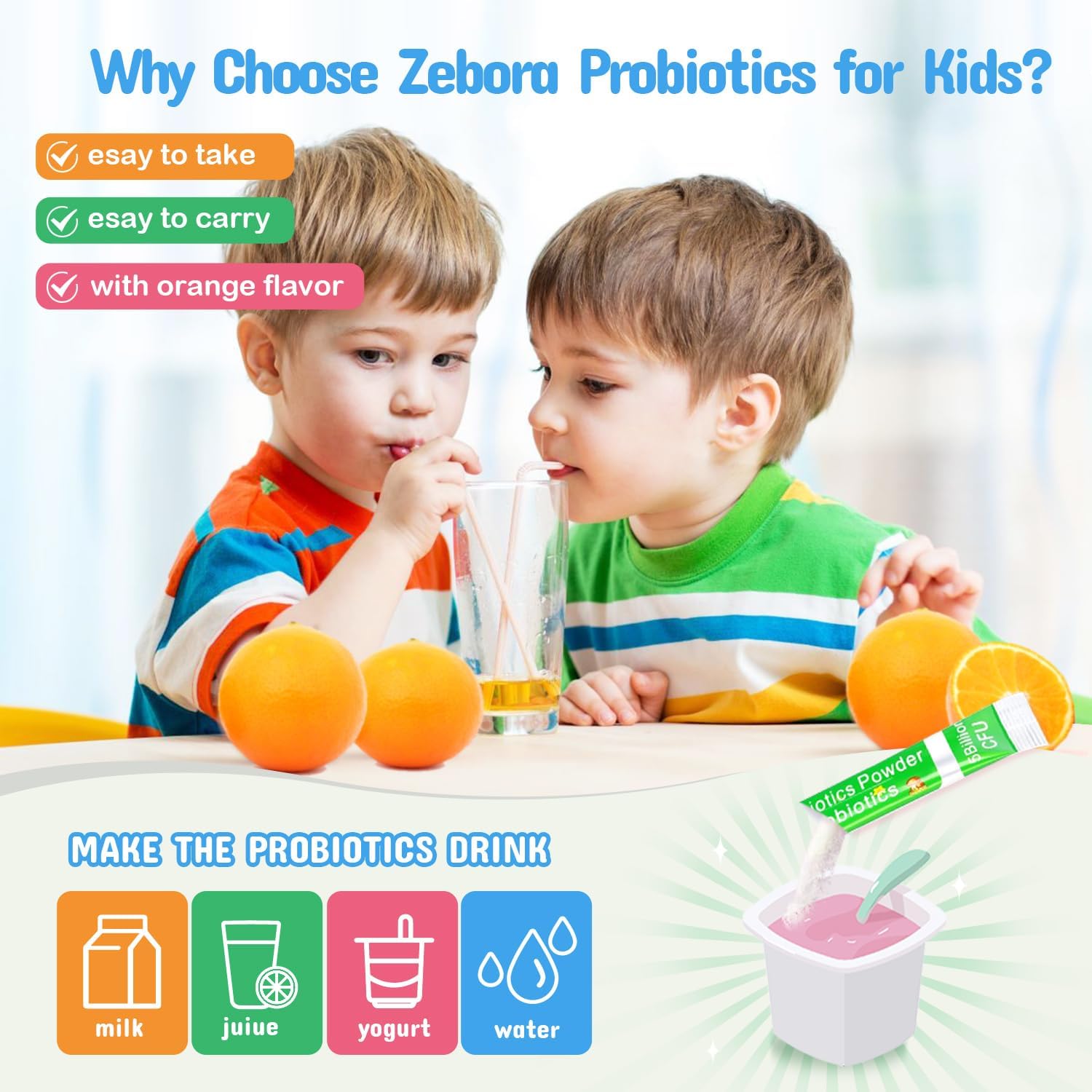 Kids Probiotic & Prebiotics Powder for Ages 3+, Boost Digestive & Immune Health, Natural Constipation Relief, Non-GMO & Gluten-Free, 30 Packets with 5 Billion CFUs