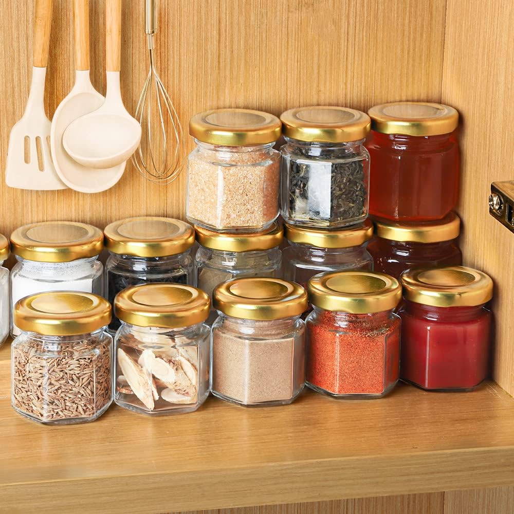 60 Pcs Mini Hexagon Glass Jars with Airtight Lids - Perfect for Wedding Favors, Baby Showers, DIY Candles, Body Butters, Jams, Spices, and Gifts!