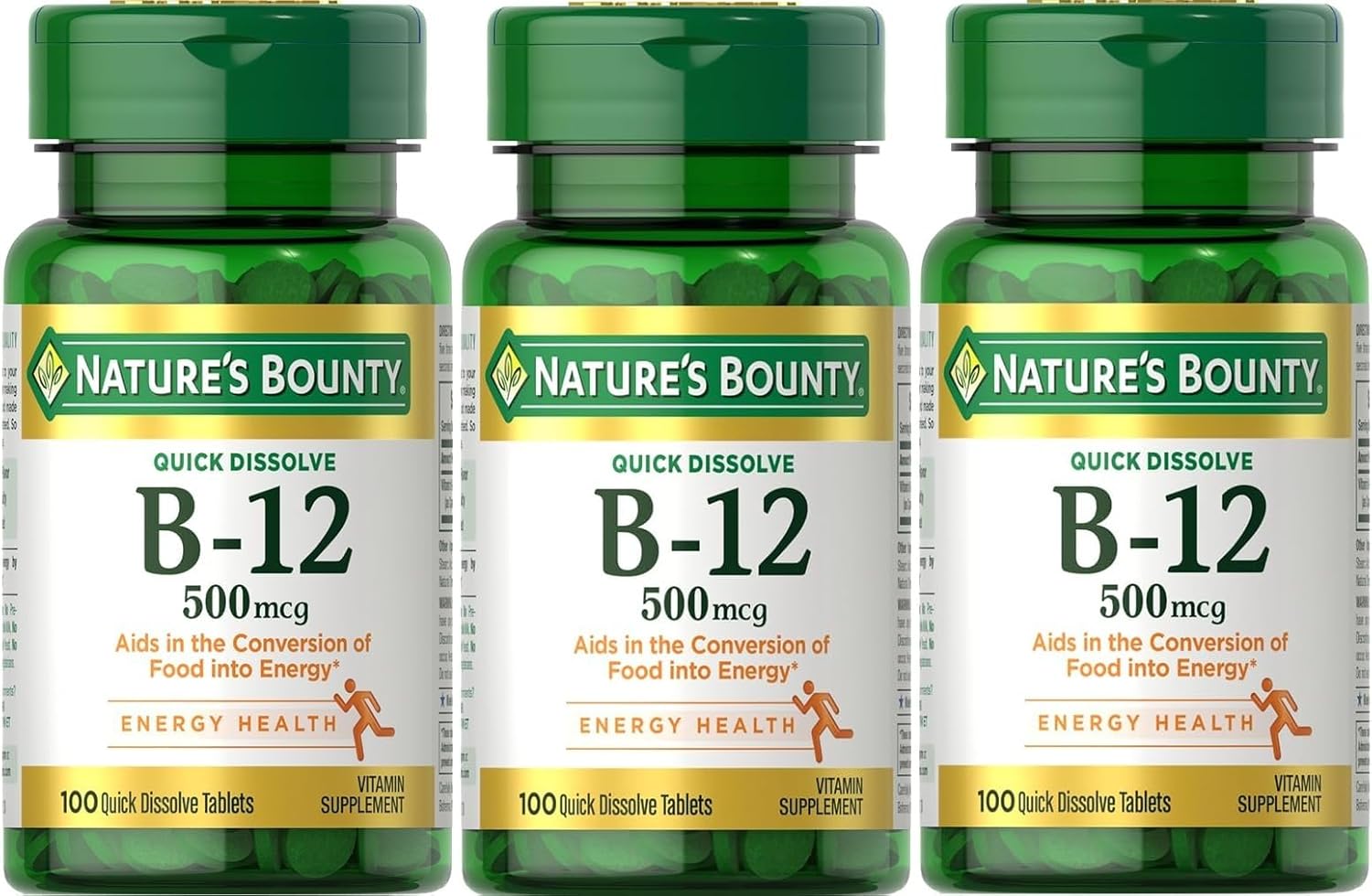 Boost Your Energy with Nature's Bounty B-12 Quick Dissolve Tablets - 500 Mcg, 300 Tablets (3 Bottles of 100 Count)