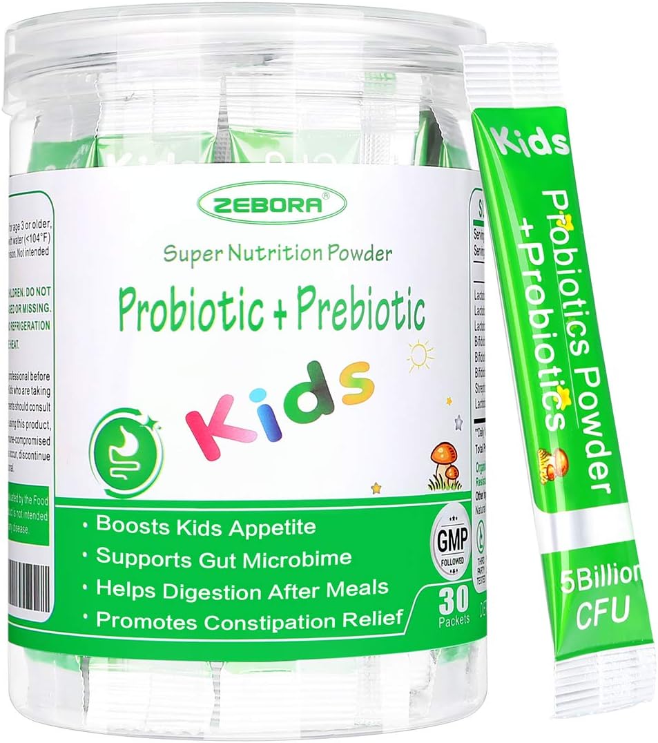 Kids Probiotic & Prebiotics Powder for Ages 3+, Boost Digestive & Immune Health, Natural Constipation Relief, Non-GMO & Gluten-Free, 30 Packets with 5 Billion CFUs