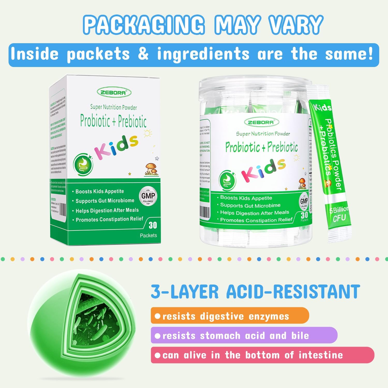 Kids Probiotic & Prebiotics Powder for Ages 3+, Boost Digestive & Immune Health, Natural Constipation Relief, Non-GMO & Gluten-Free, 30 Packets with 5 Billion CFUs