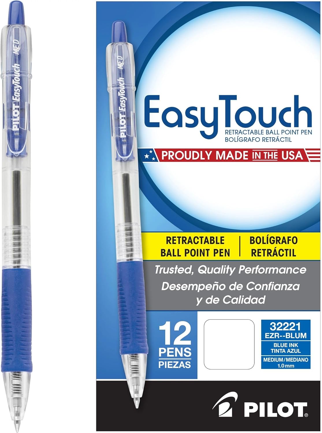 Easytouch 12-Pack Refillable Retractable Ballpoint Pens - Fine Point Blue Ink .7mm