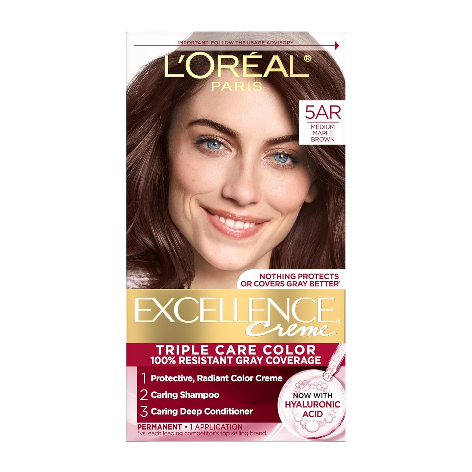 Excellence Crème Permanent Hair Dye - 5 Medium Brown, Triple Care Formula with Hyaluronic Acid for 100% Gray Coverage, 1 Kit (Packaging May Vary)