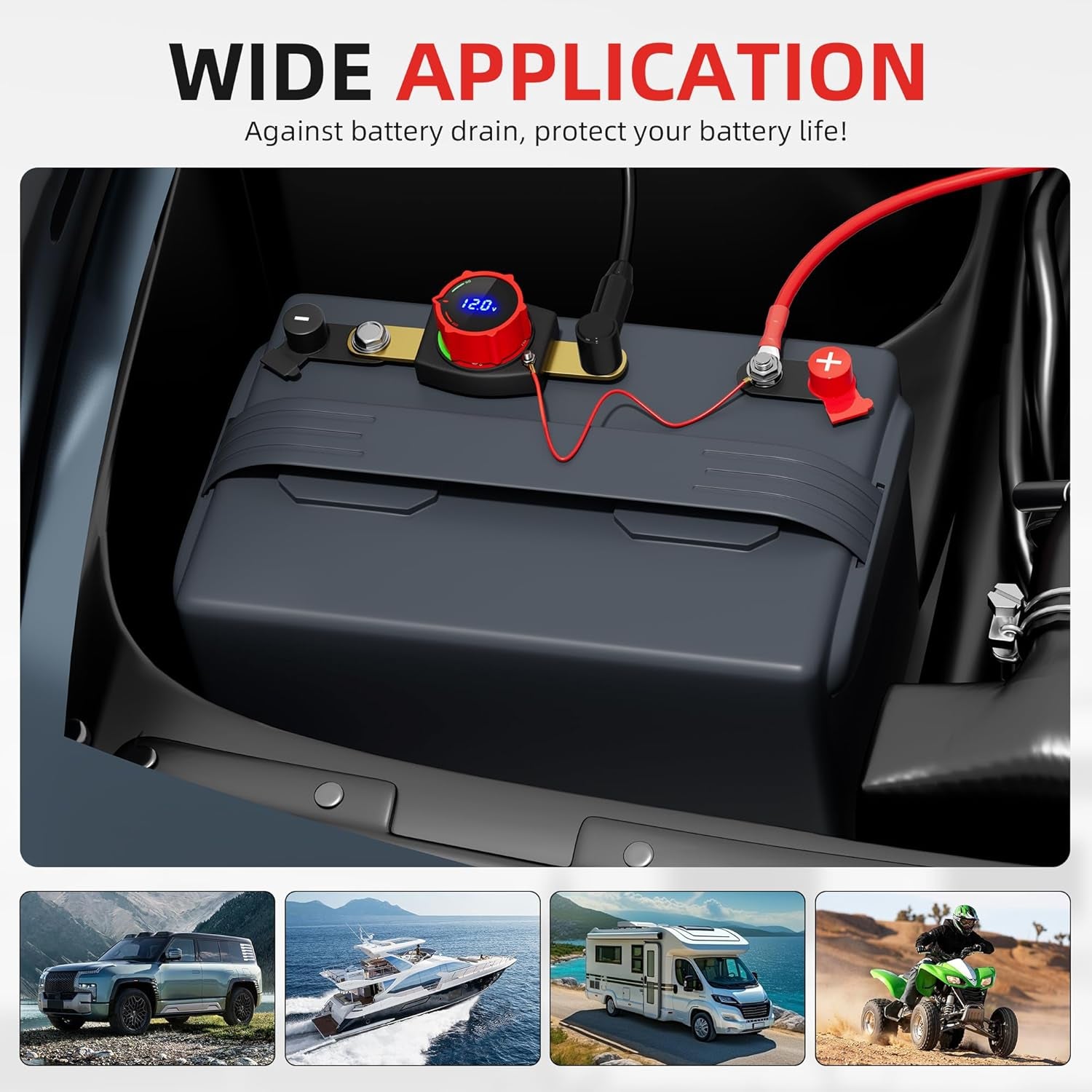 Premium Waterproof Side Post Battery Disconnect Switch with LED Voltmeter Display - Ideal for 12V-48V Cars, RVs, Boats, ATVs, and UTVs