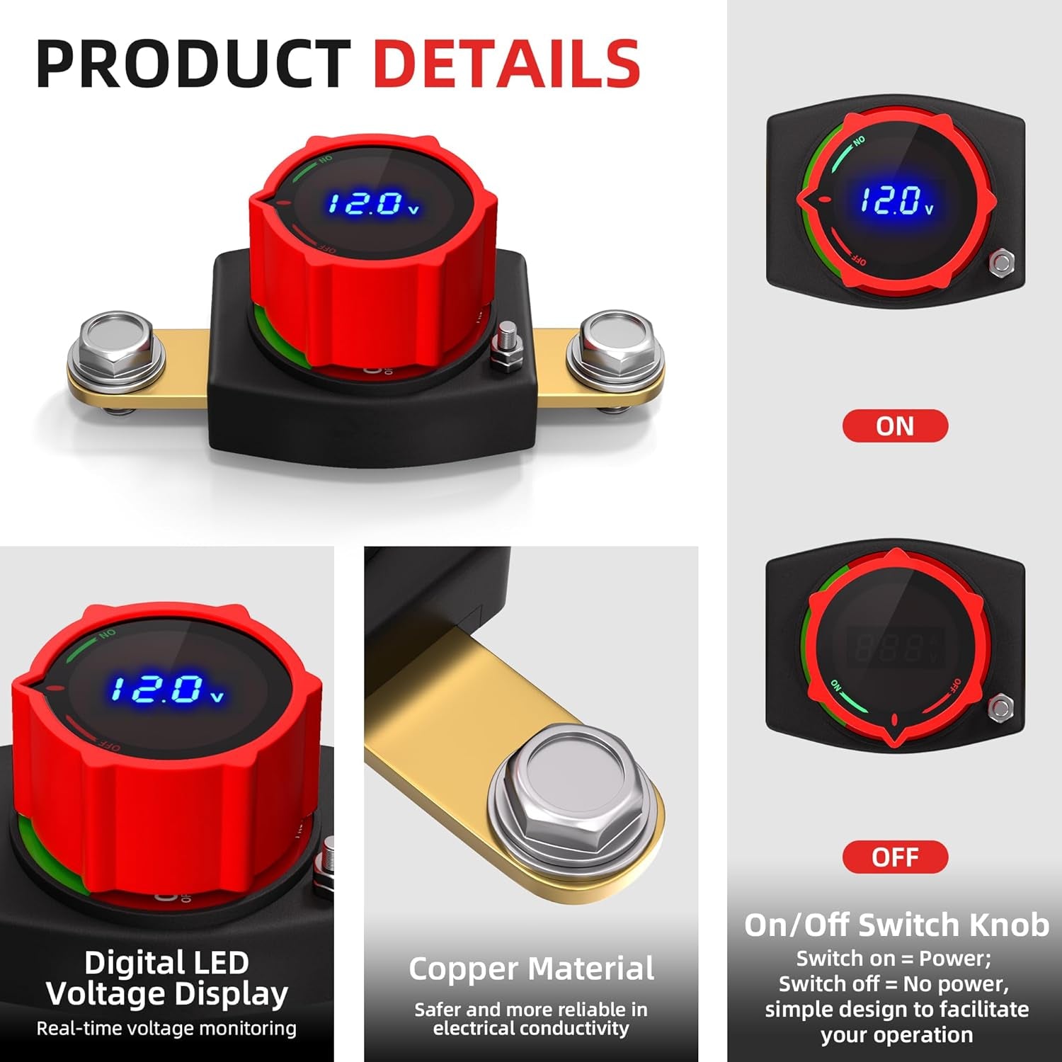 Premium Waterproof Side Post Battery Disconnect Switch with LED Voltmeter Display - Ideal for 12V-48V Cars, RVs, Boats, ATVs, and UTVs