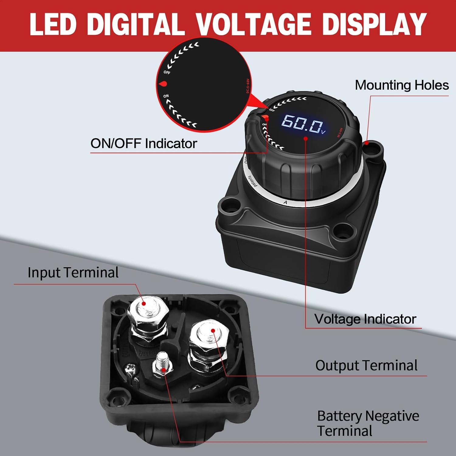 Upgrade Your Power Management: 300A Battery Disconnect Switch with Digital Voltage Display for Car, Truck, Marine, RV, and Trailer (DC 5-60V)