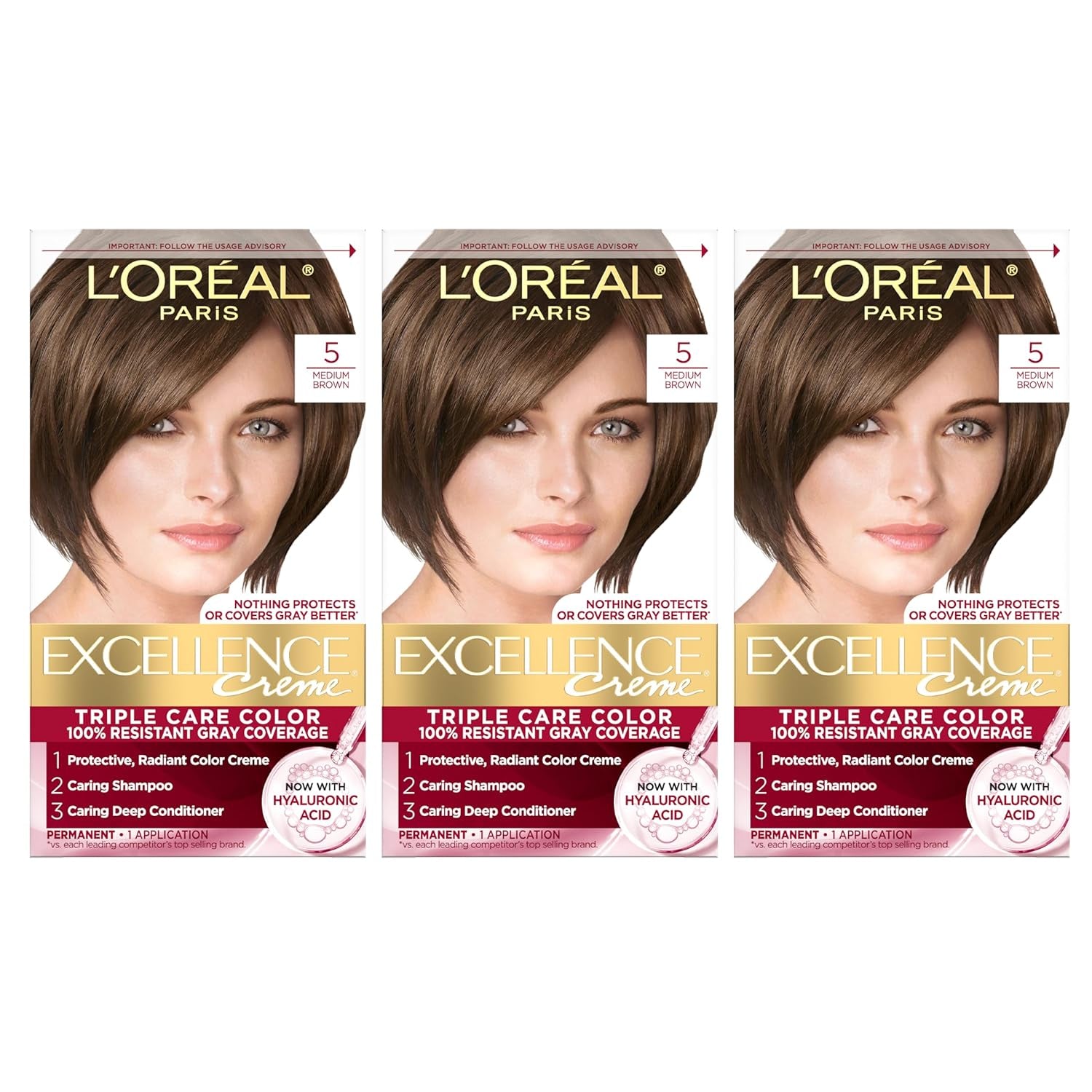 Excellence Crème Permanent Hair Dye - 5 Medium Brown, Triple Care Formula with Hyaluronic Acid for 100% Gray Coverage, 1 Kit (Packaging May Vary)