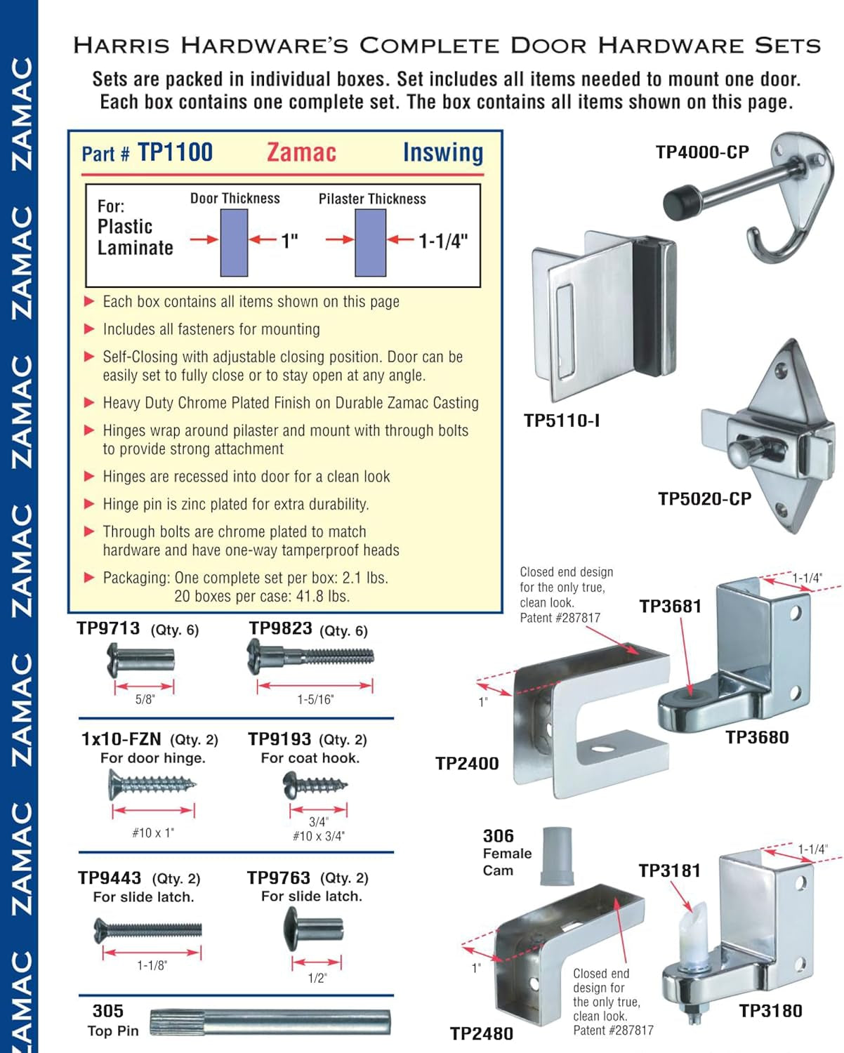 Premium TP 1100 Complete Inswing Door Hardware Set for 1" Doors & 1-1/4" Pilasters - Durable Die Cast Zamac Finish