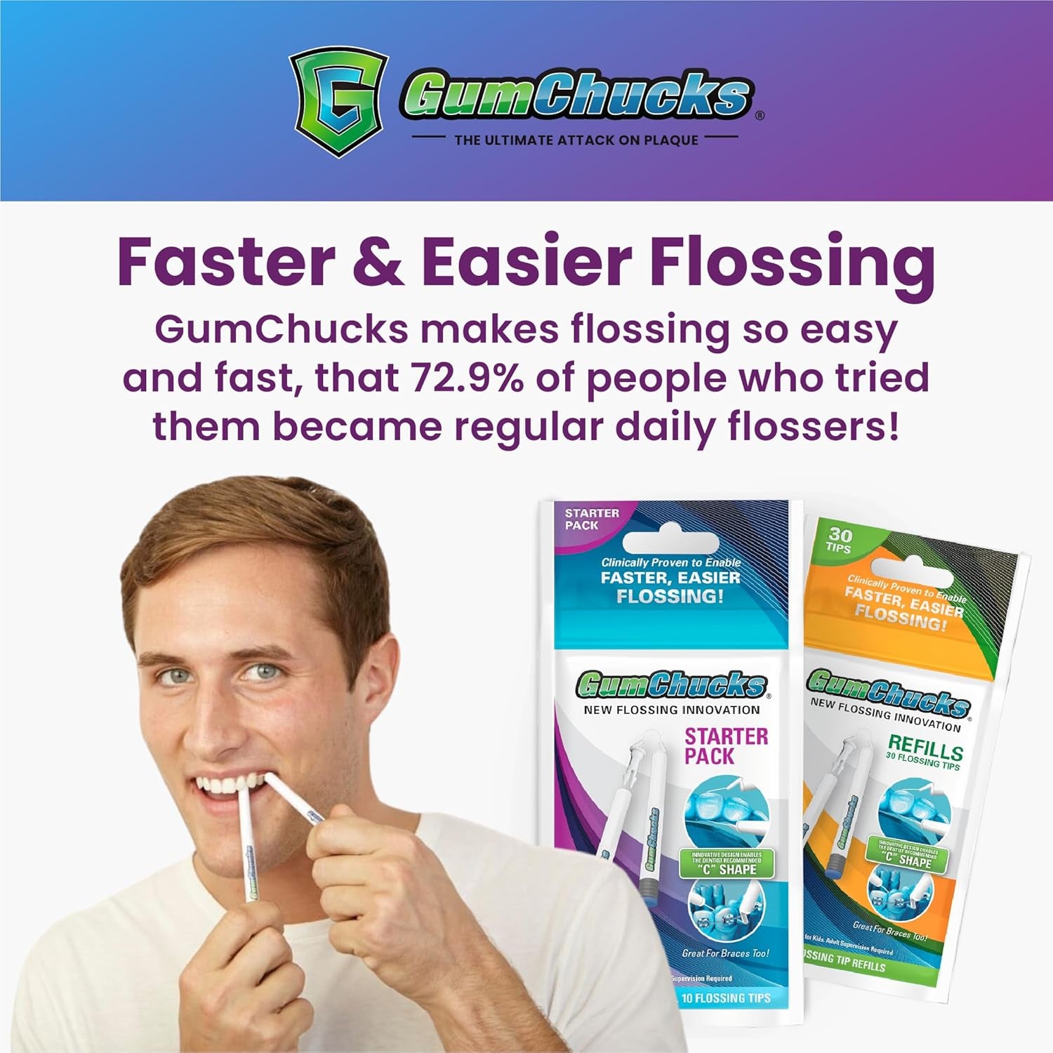 Revolutionary Floss Picks for Braces & Tight Teeth – Reusable Dual Handle Flosser for All Ages – Effortless, Hands-Free Cleaning (Grey Argyle - Count Plaqula)