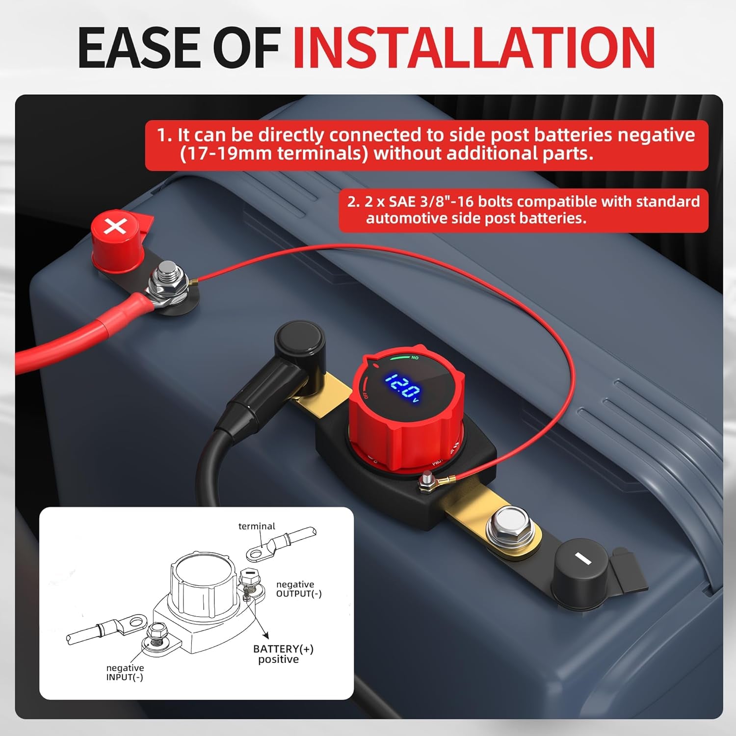 Premium Waterproof Side Post Battery Disconnect Switch with LED Voltmeter Display - Ideal for 12V-48V Cars, RVs, Boats, ATVs, and UTVs