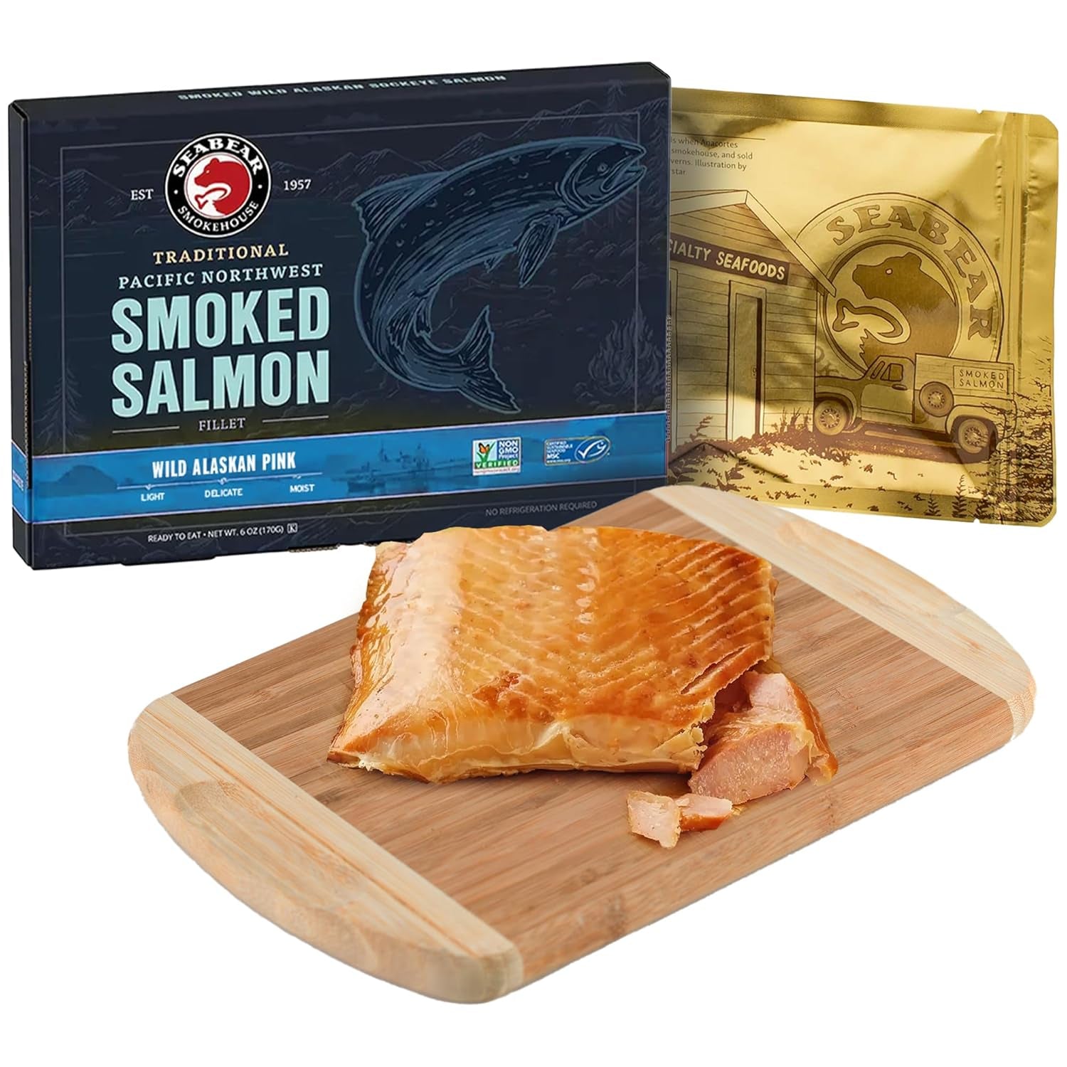 Gourmet Smoked Salmon Trio Gift Box - 18oz of Wild Alaska Sockeye, Pink & Coho Fillets - Ready to Eat, Shelf Stable Delicacy