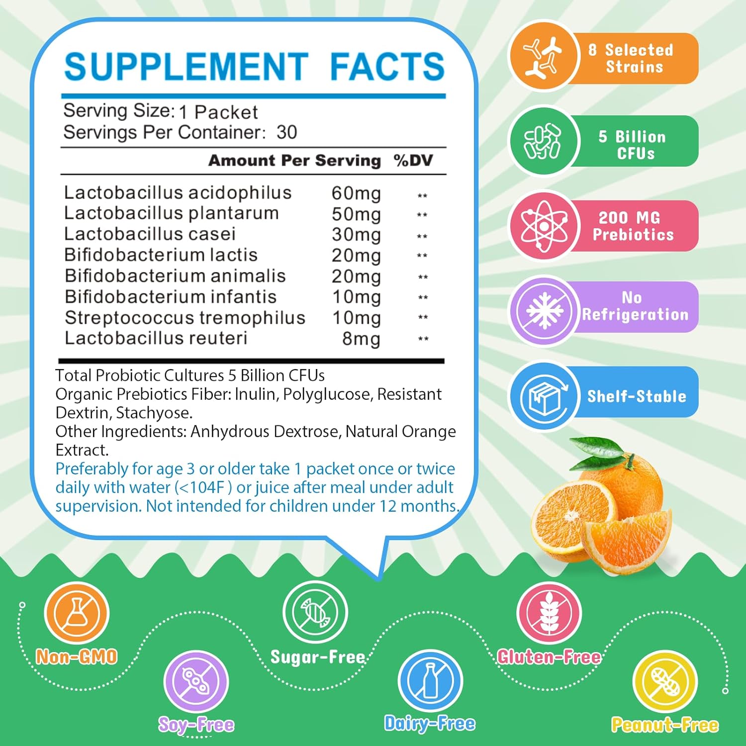 Kids Probiotic & Prebiotics Powder for Ages 3+, Boost Digestive & Immune Health, Natural Constipation Relief, Non-GMO & Gluten-Free, 30 Packets with 5 Billion CFUs