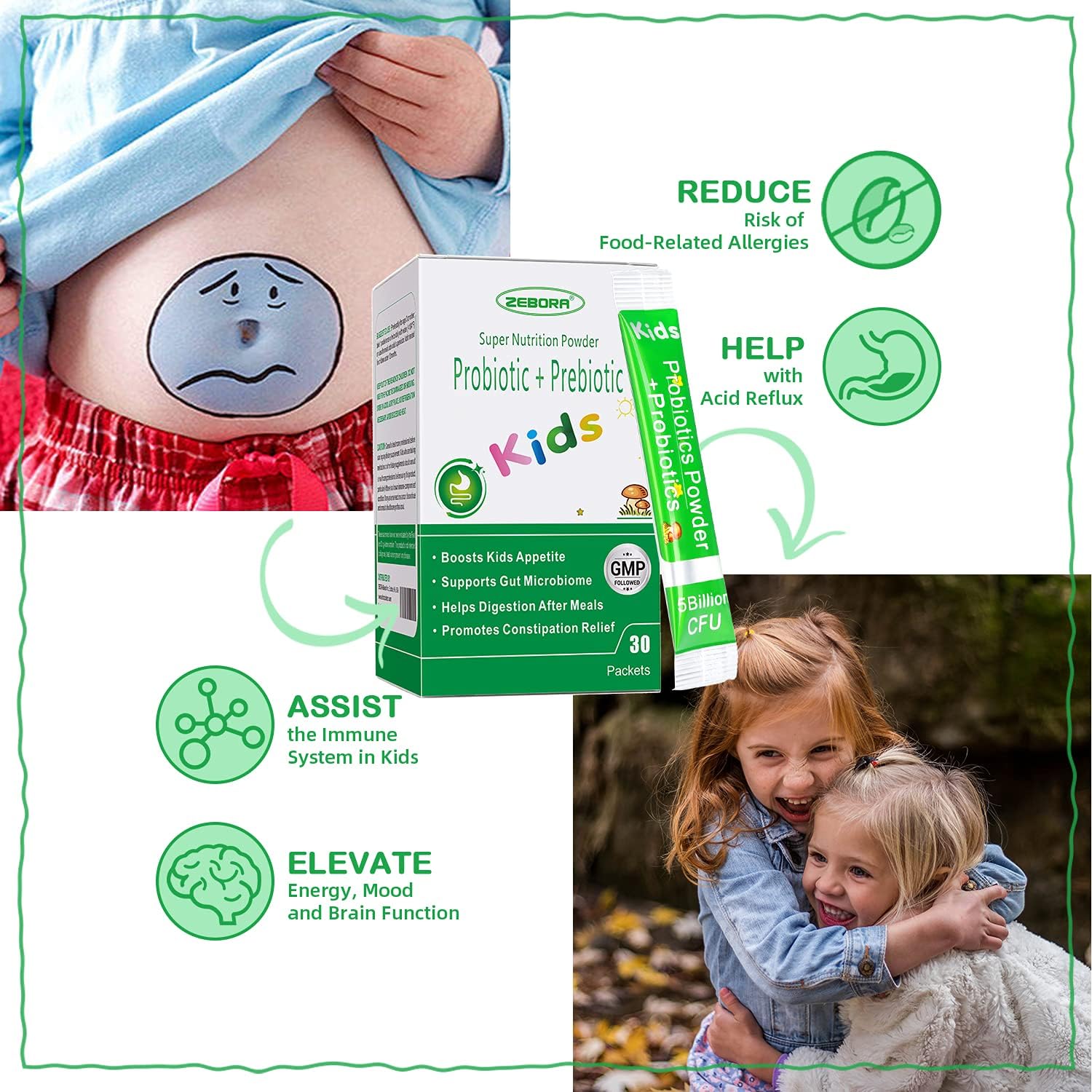 Kids Probiotic & Prebiotics Powder for Ages 3+, Boost Digestive & Immune Health, Natural Constipation Relief, Non-GMO & Gluten-Free, 30 Packets with 5 Billion CFUs