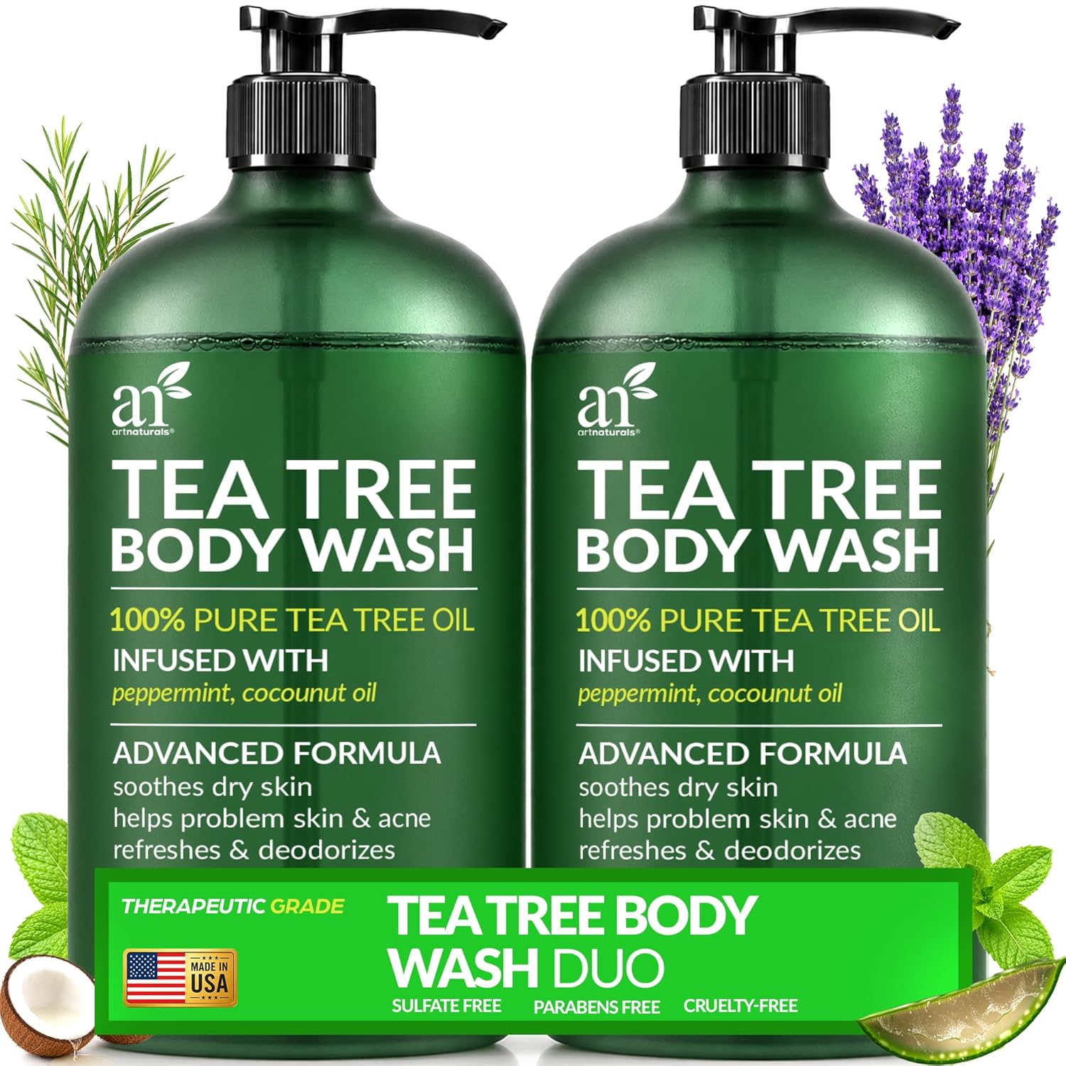 Extra Strength Antibacterial Tea Tree Oil Body Wash - 2 Pack (16 Fl Oz) for Acne, Eczema, Athletes Foot, Jock Itch & More - Unisex Remedy Soap