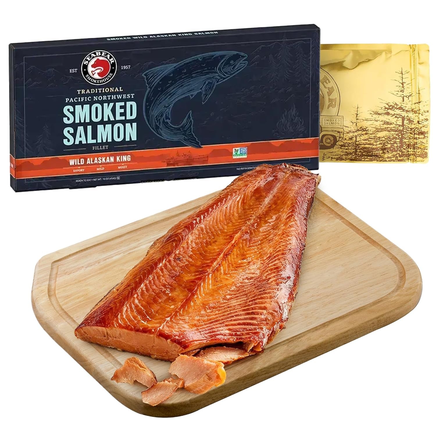 Gourmet Smoked Salmon Trio Gift Box - 18oz of Wild Alaska Sockeye, Pink & Coho Fillets - Ready to Eat, Shelf Stable Delicacy