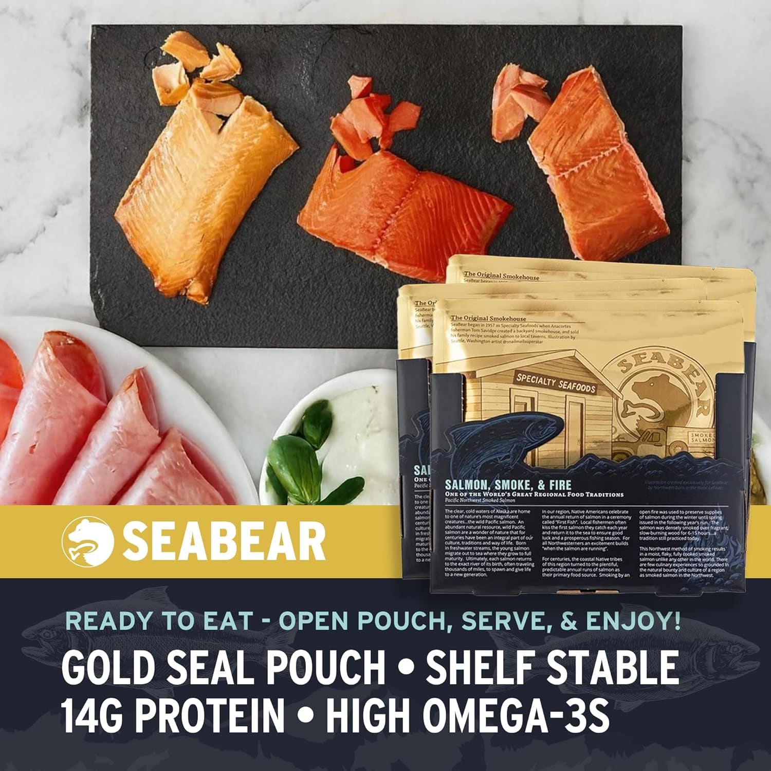 Gourmet Smoked Salmon Trio Gift Box - 18oz of Wild Alaska Sockeye, Pink & Coho Fillets - Ready to Eat, Shelf Stable Delicacy
