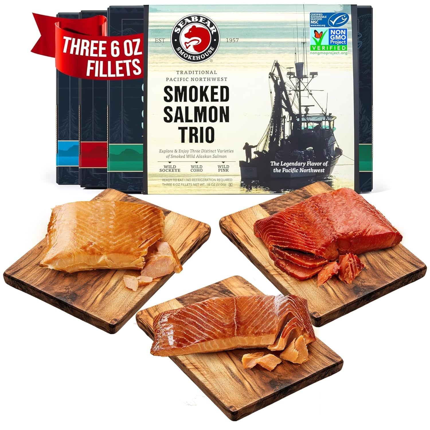 Gourmet Smoked Salmon Trio Gift Box - 18oz of Wild Alaska Sockeye, Pink & Coho Fillets - Ready to Eat, Shelf Stable Delicacy