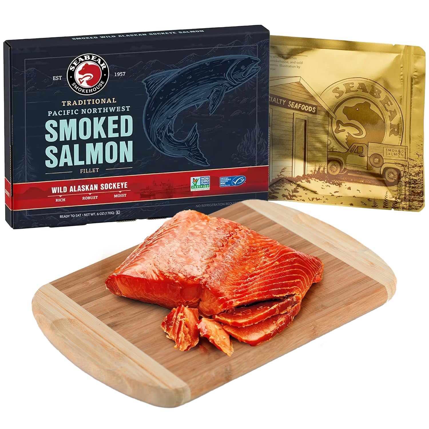 Gourmet Smoked Salmon Trio Gift Box - 18oz of Wild Alaska Sockeye, Pink & Coho Fillets - Ready to Eat, Shelf Stable Delicacy