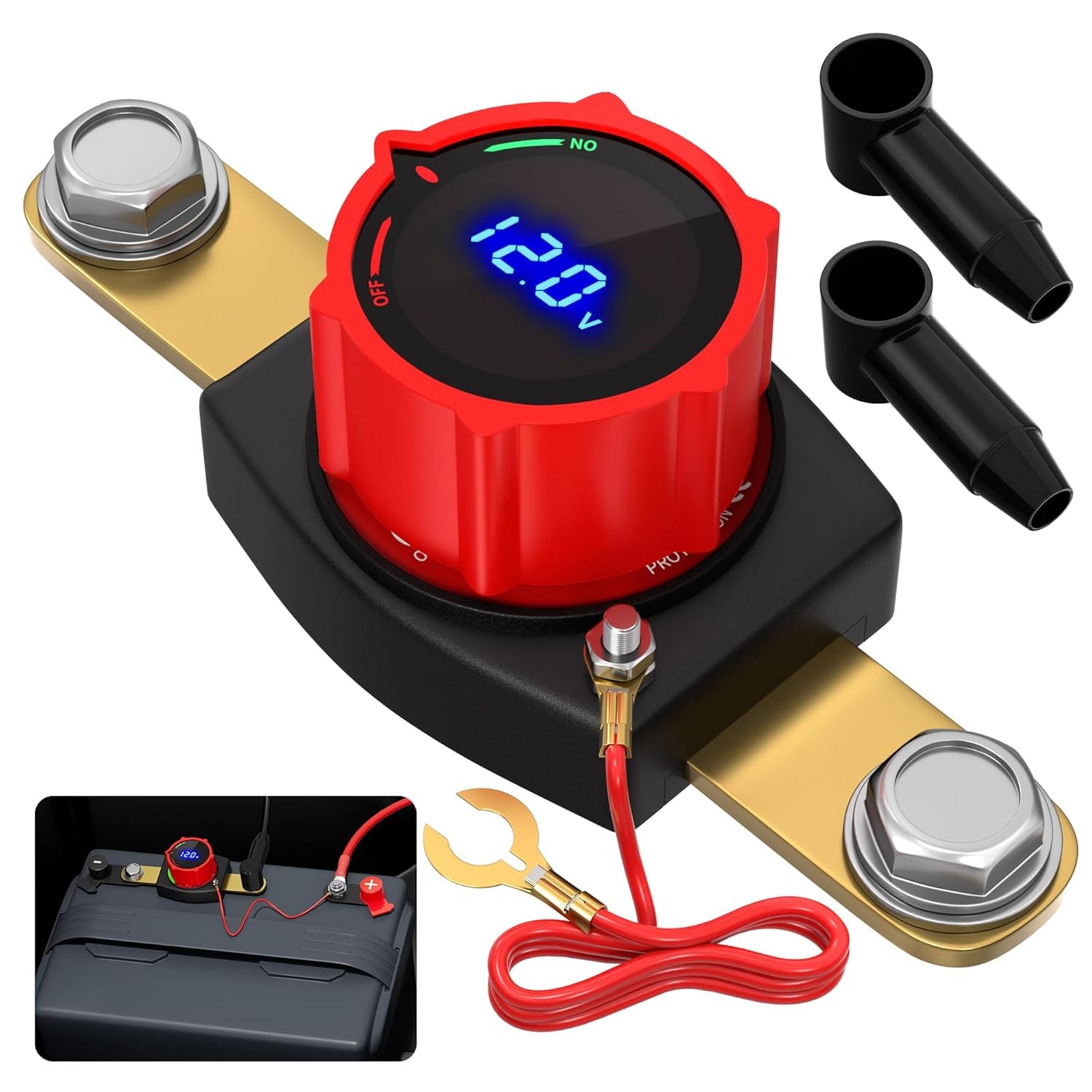 Premium Waterproof Side Post Battery Disconnect Switch with LED Voltmeter Display - Ideal for 12V-48V Cars, RVs, Boats, ATVs, and UTVs