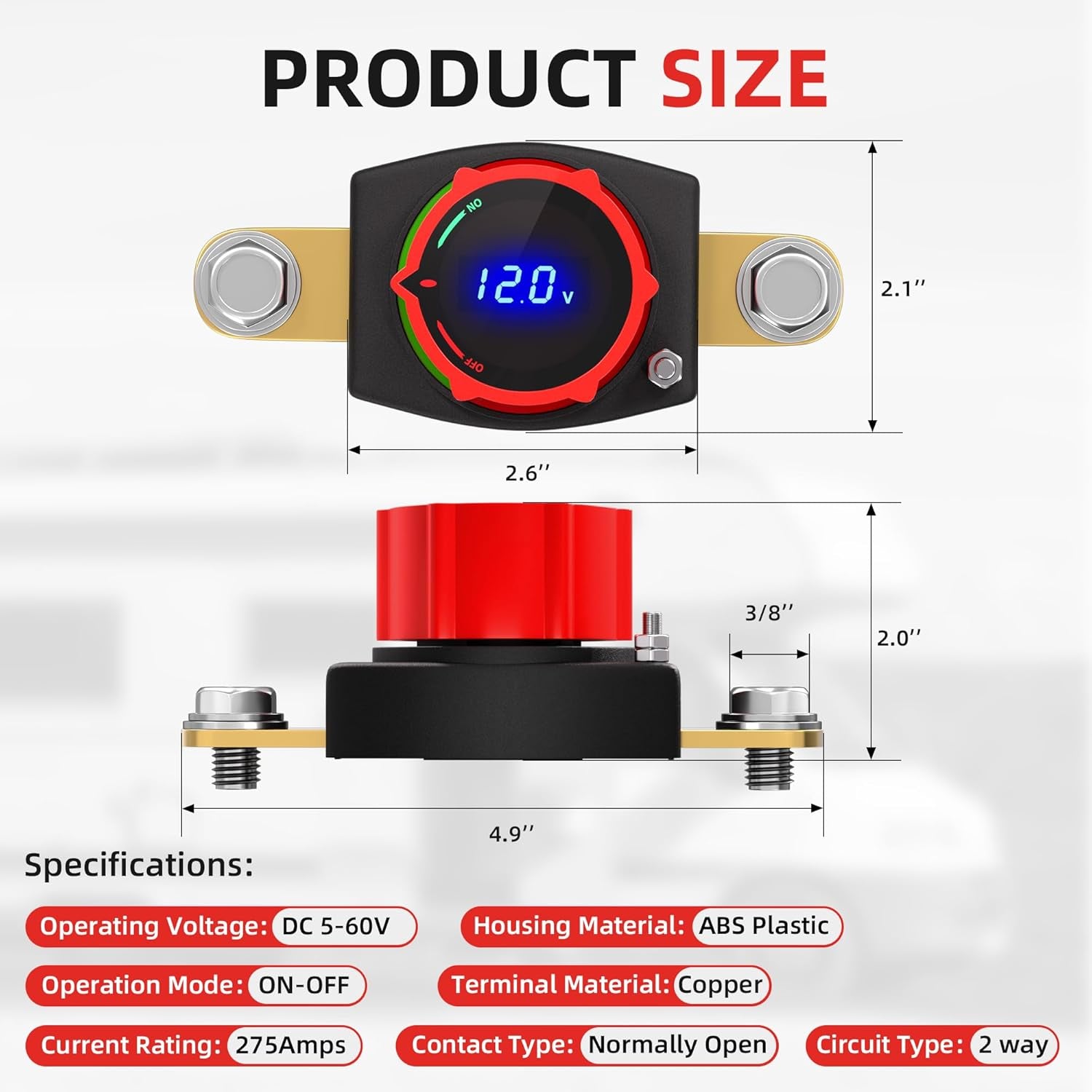Premium Waterproof Side Post Battery Disconnect Switch with LED Voltmeter Display - Ideal for 12V-48V Cars, RVs, Boats, ATVs, and UTVs