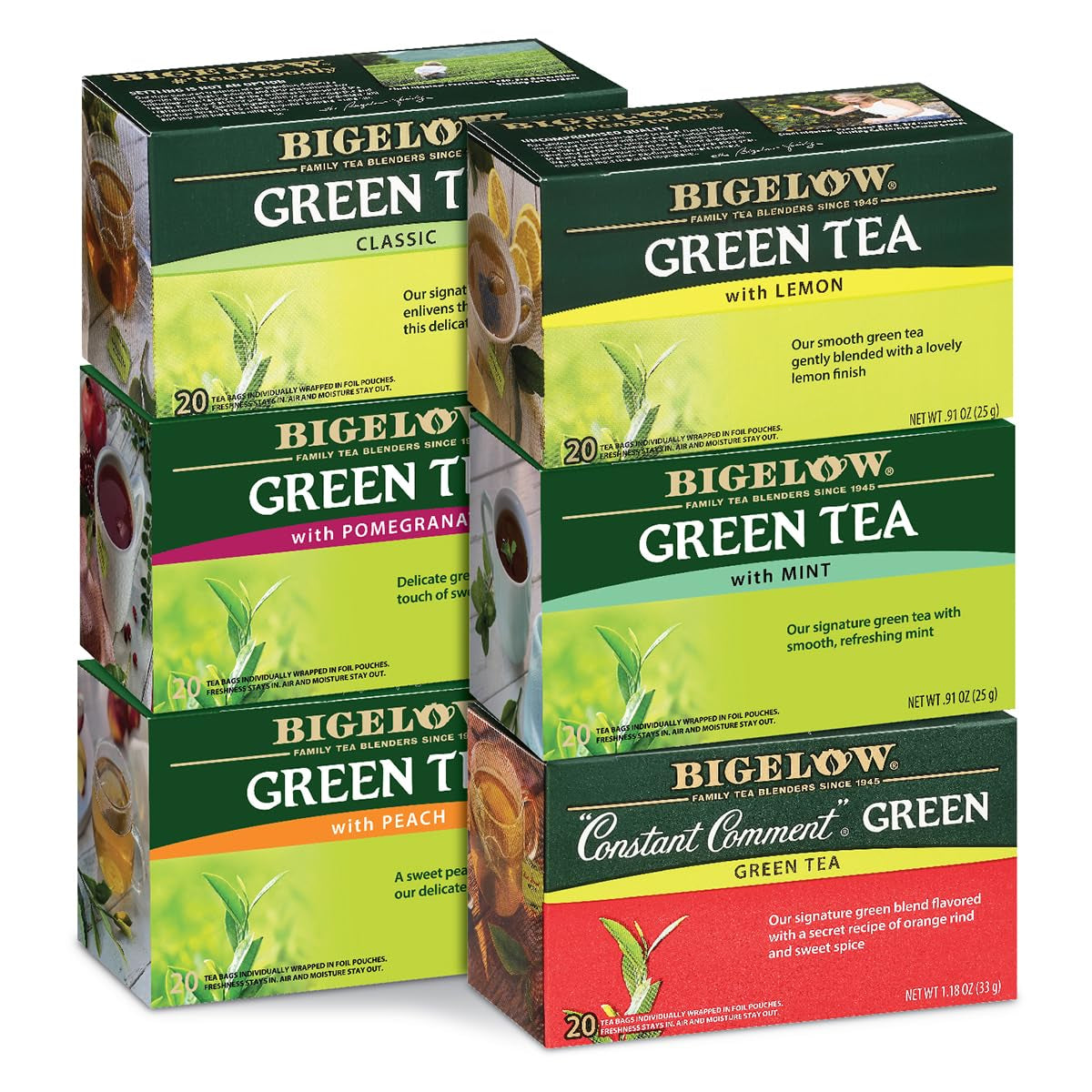 Refreshing Green Tea with Peach - Caffeinated Blend, 20 Count Box (Pack of 6) - 120 Total Tea Bags for a Flavorful Boost!