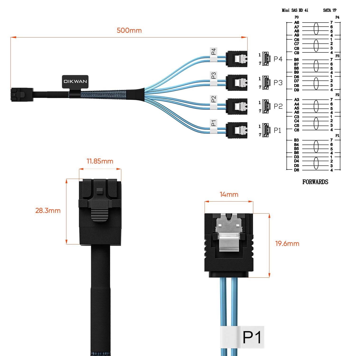 High-Performance 3.3Ft Internal Mini SAS to SATA Cable - SFF-8643 to SATA Forward Breakout for RAID Controller Hard Drives