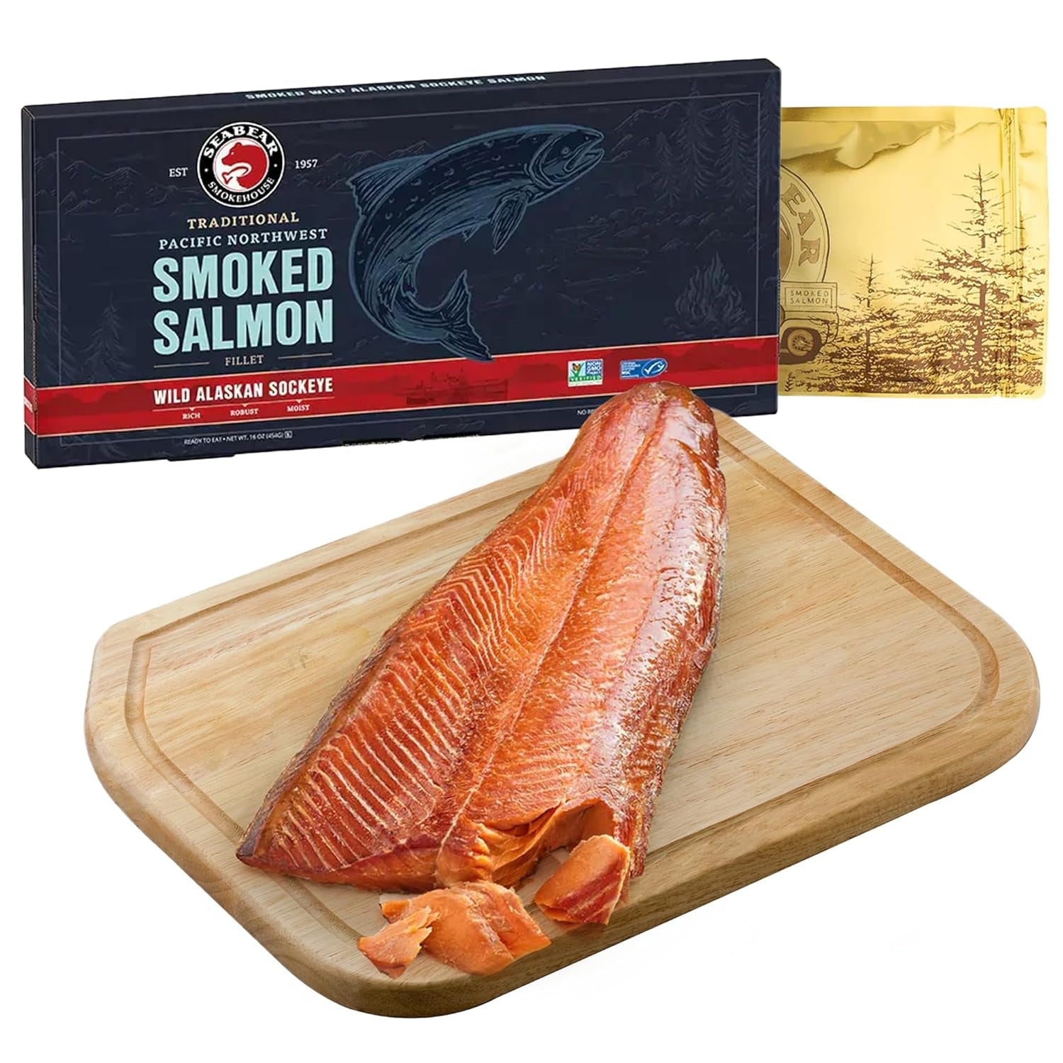 Gourmet Smoked Salmon Trio Gift Box - 18oz of Wild Alaska Sockeye, Pink & Coho Fillets - Ready to Eat, Shelf Stable Delicacy