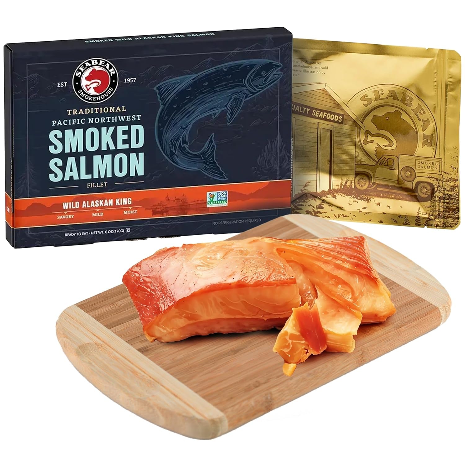 Gourmet Smoked Salmon Trio Gift Box - 18oz of Wild Alaska Sockeye, Pink & Coho Fillets - Ready to Eat, Shelf Stable Delicacy
