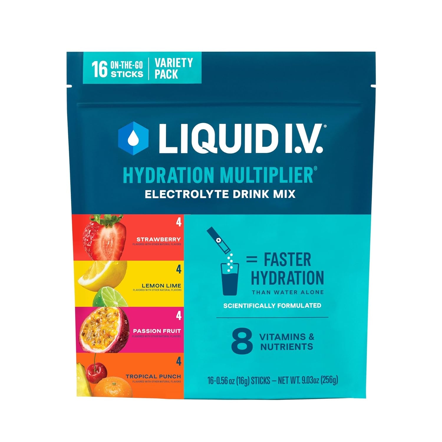 Liquid I.V.® Hydration Multiplier Variety Pack - Refreshing Lemon Lime, Passion Fruit, Strawberry & Tropical Punch - Electrolyte Powder Drink Mix - 16 Servings