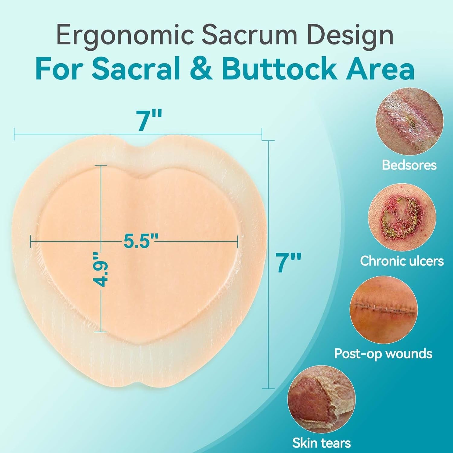 10 Pack Waterproof Sacral Foam Bandages with Silicone Adhesive - 7"x7" Absorbent & Breathable Wound Dressings for Bed Sores and Pressure Ulcers