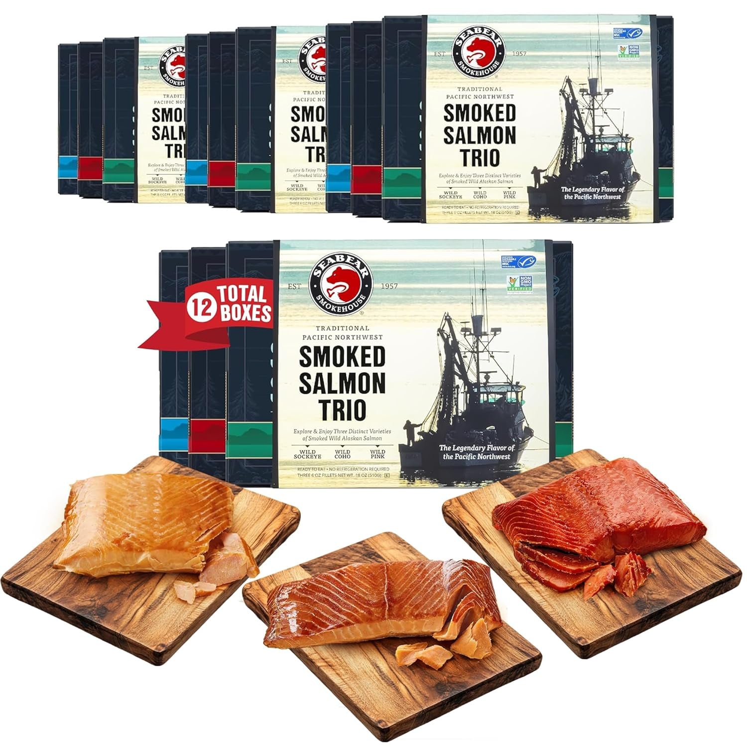 Gourmet Smoked Salmon Trio Gift Box - 18oz of Wild Alaska Sockeye, Pink & Coho Fillets - Ready to Eat, Shelf Stable Delicacy